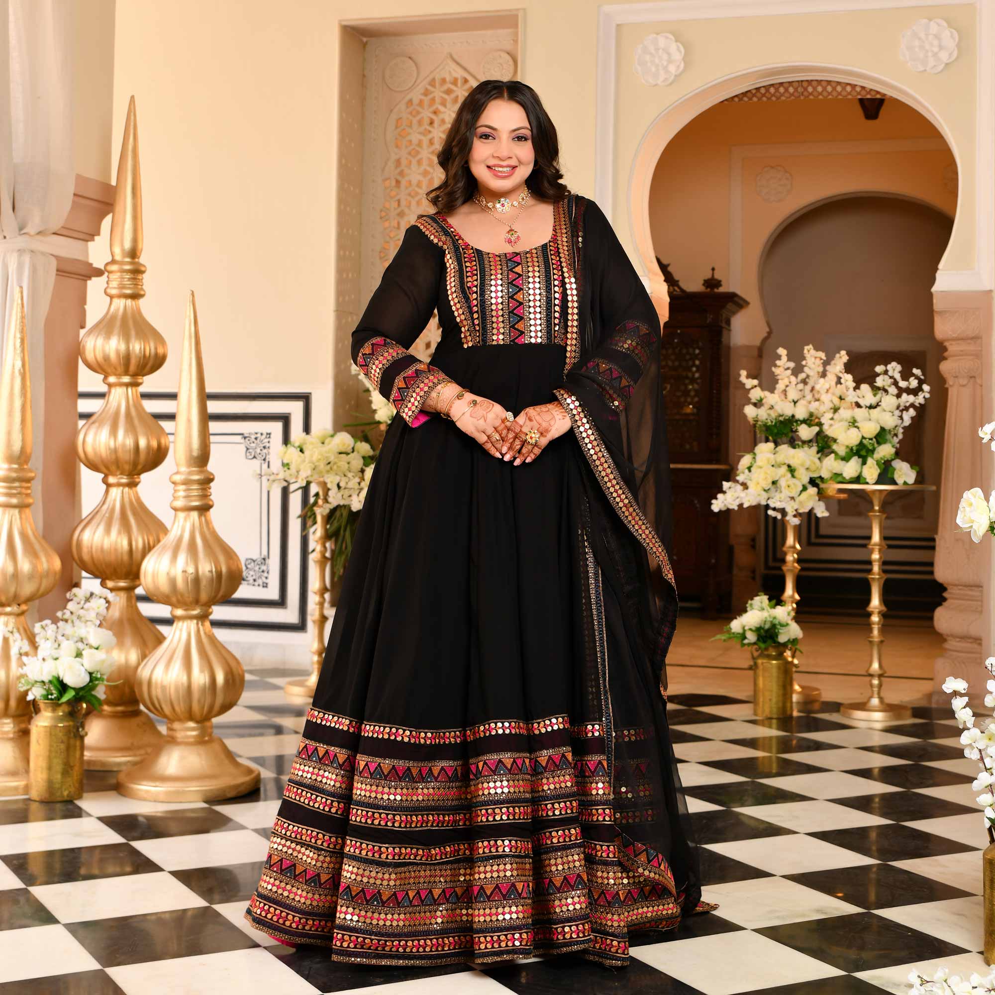 Chand Bali- Black Sequin & Thread Embroidered Georgette Anarkali Set