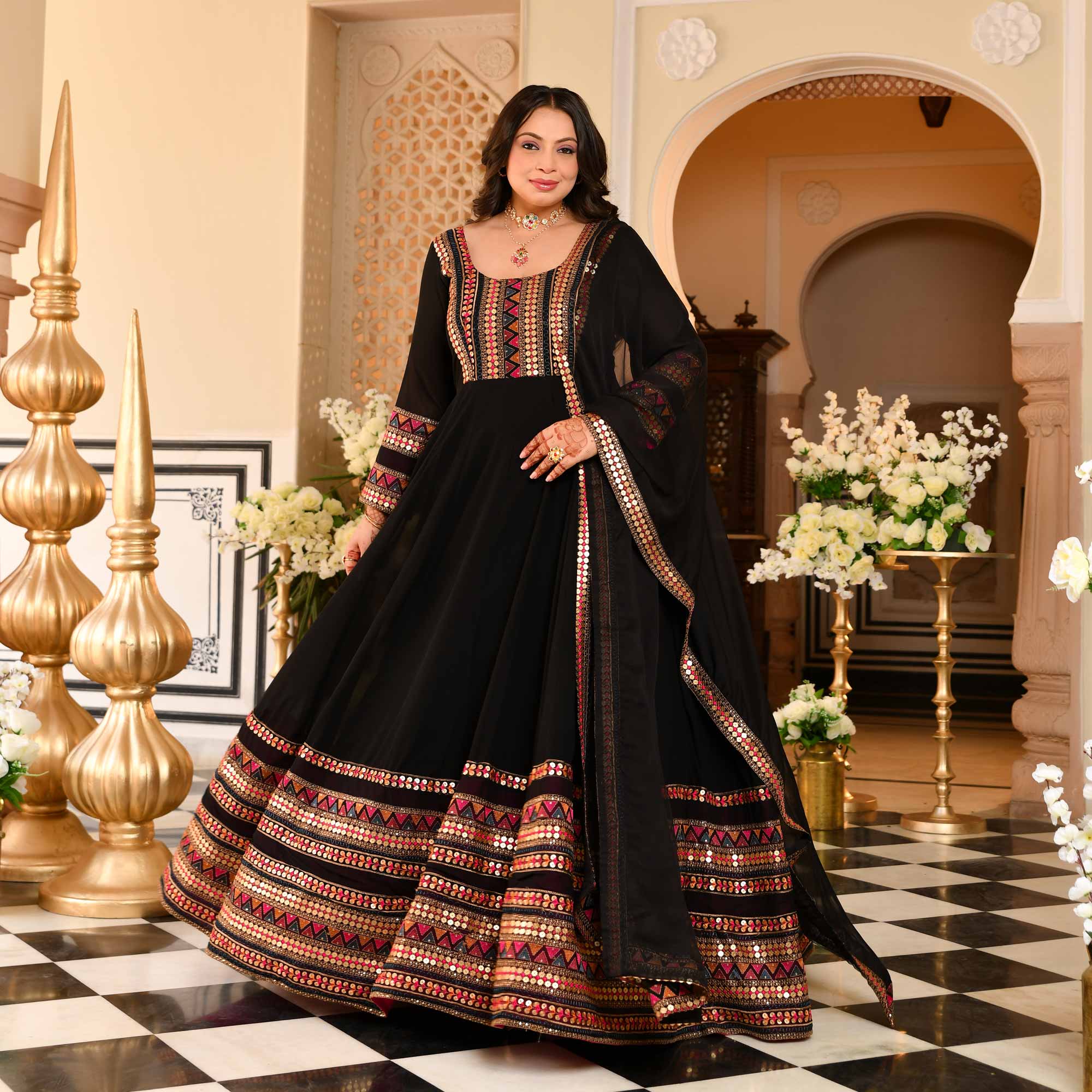 Chand Bali- Black Sequin & Thread Embroidered Georgette Anarkali Set