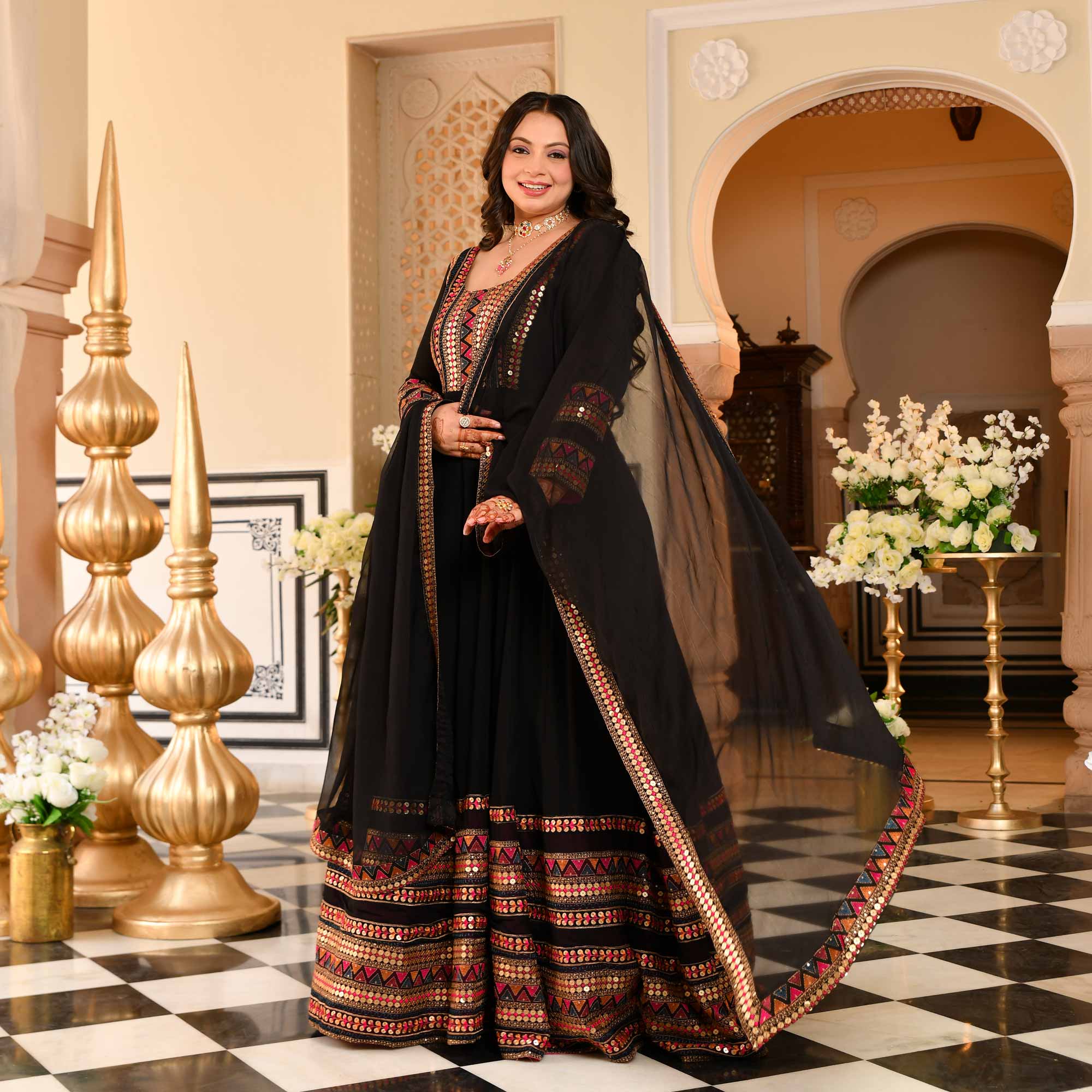 Chand Bali- Black Sequin & Thread Embroidered Georgette Anarkali Set