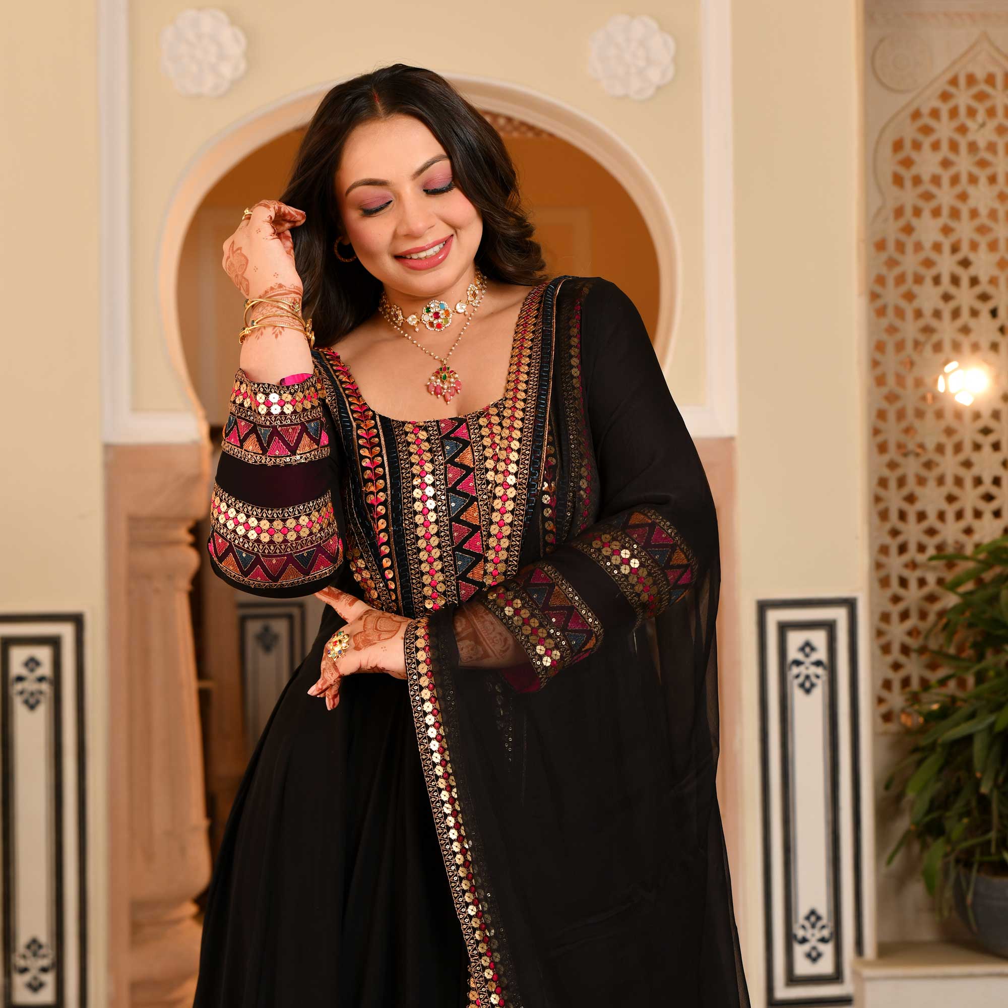 Chand Bali- Black Sequin & Thread Embroidered Georgette Anarkali Set