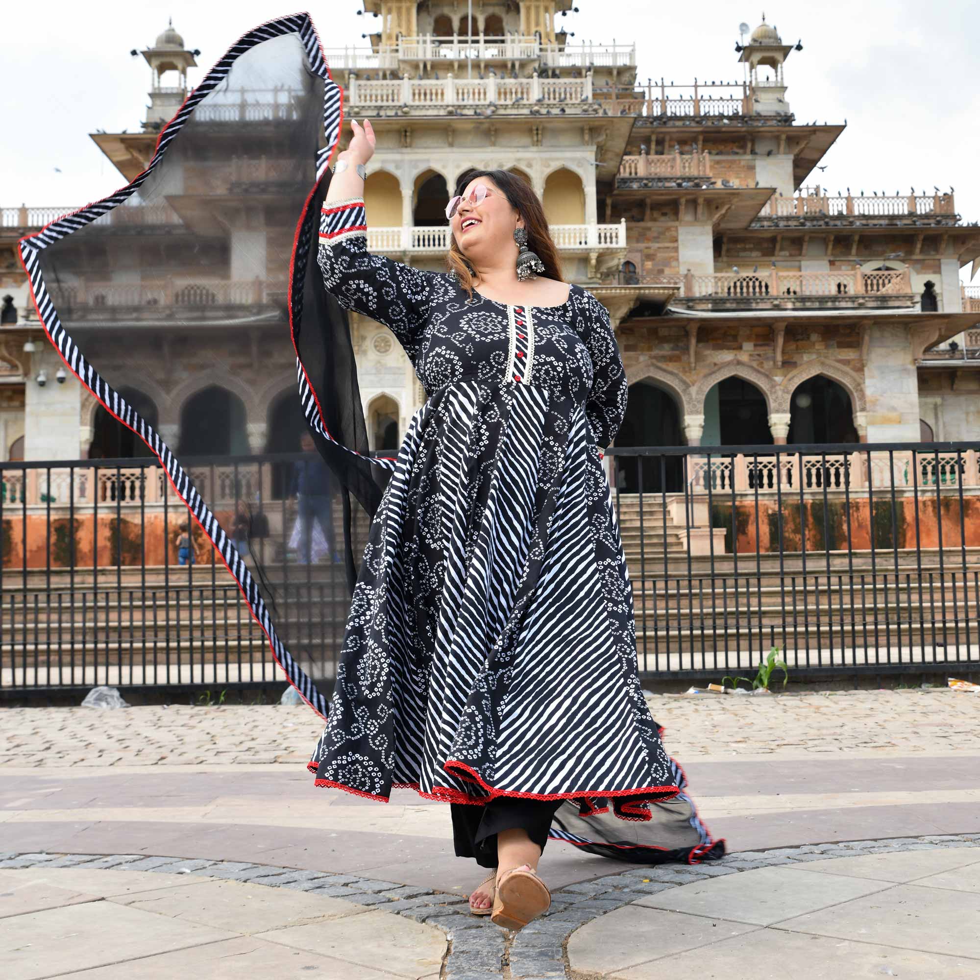 Rani in Black- Bandhani Cotton Anarkali Set