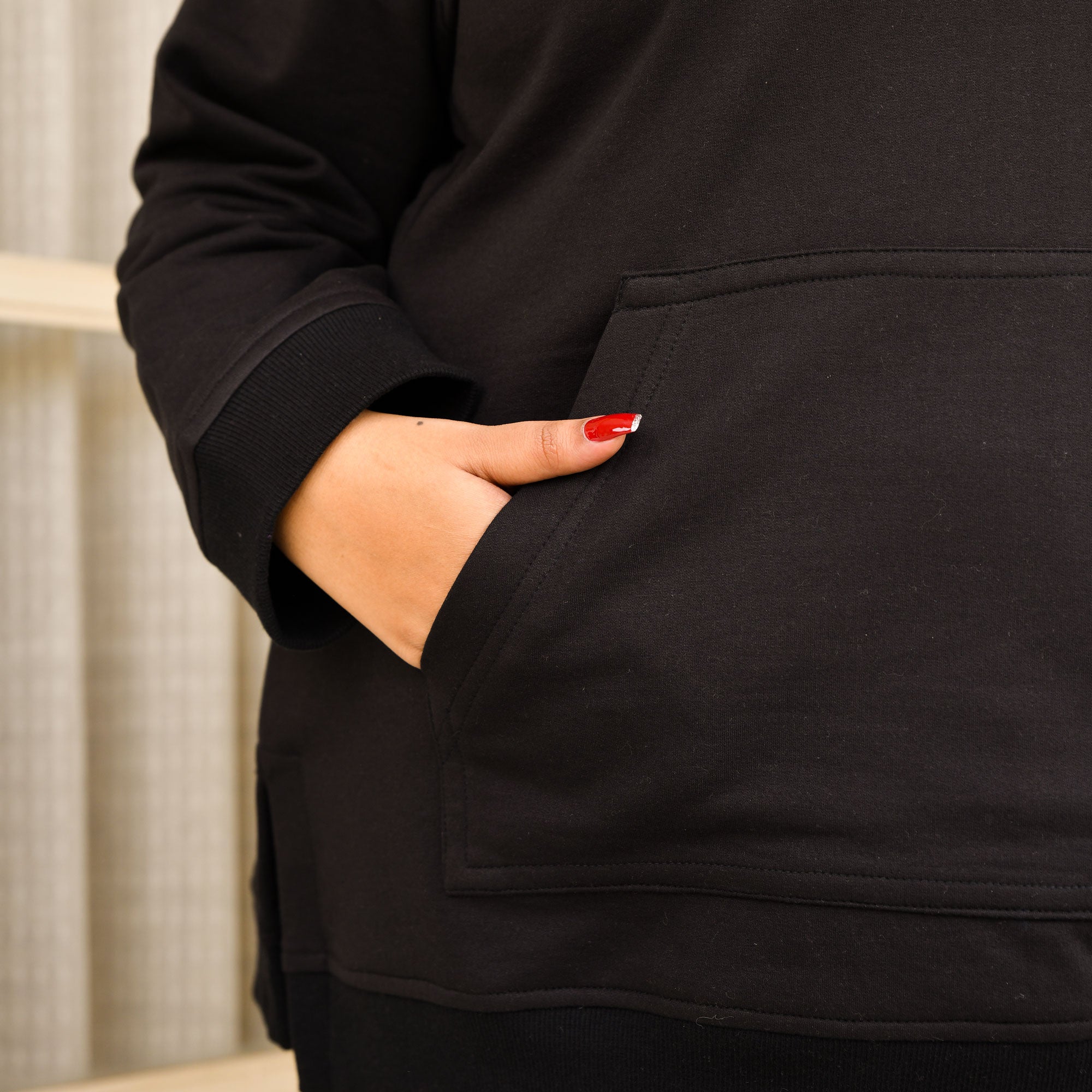 Black Woollen Fleece Pullover Hoodie With Side Slits