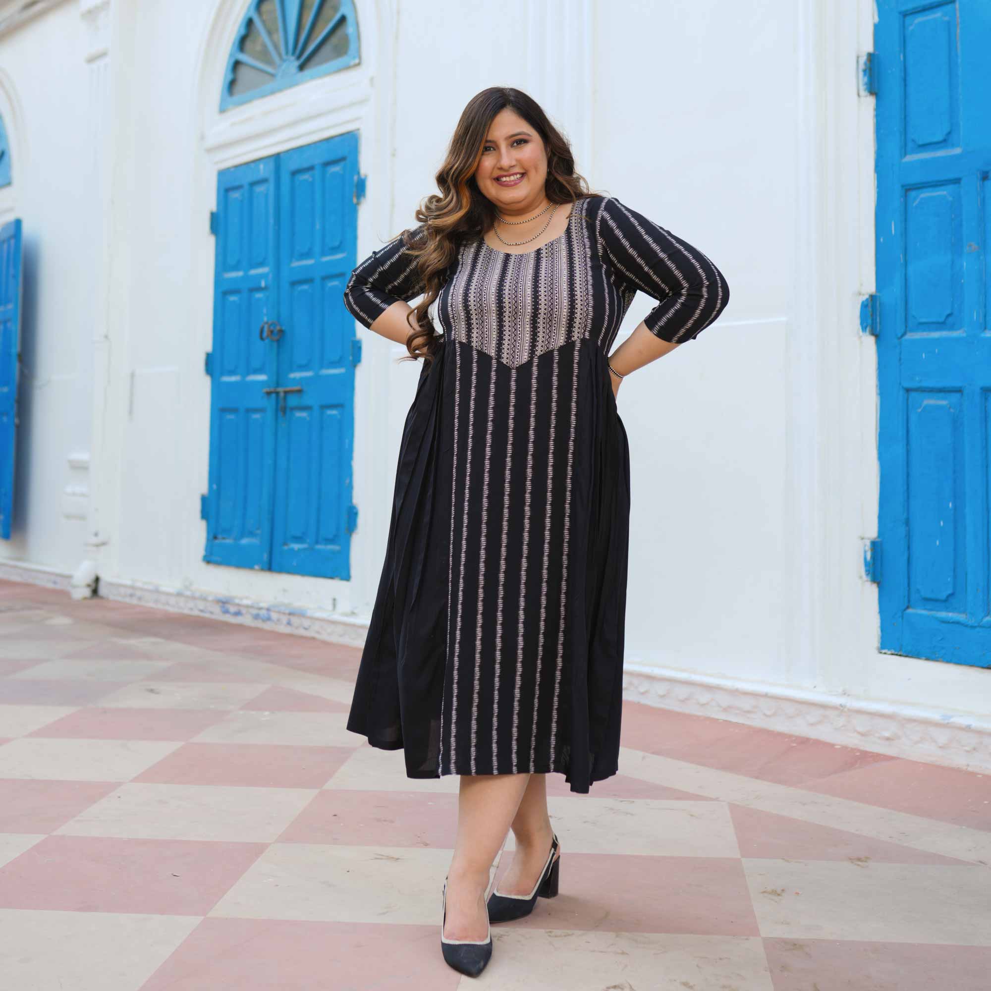 Check-Mate Black Cotton Lycra Aline Dress