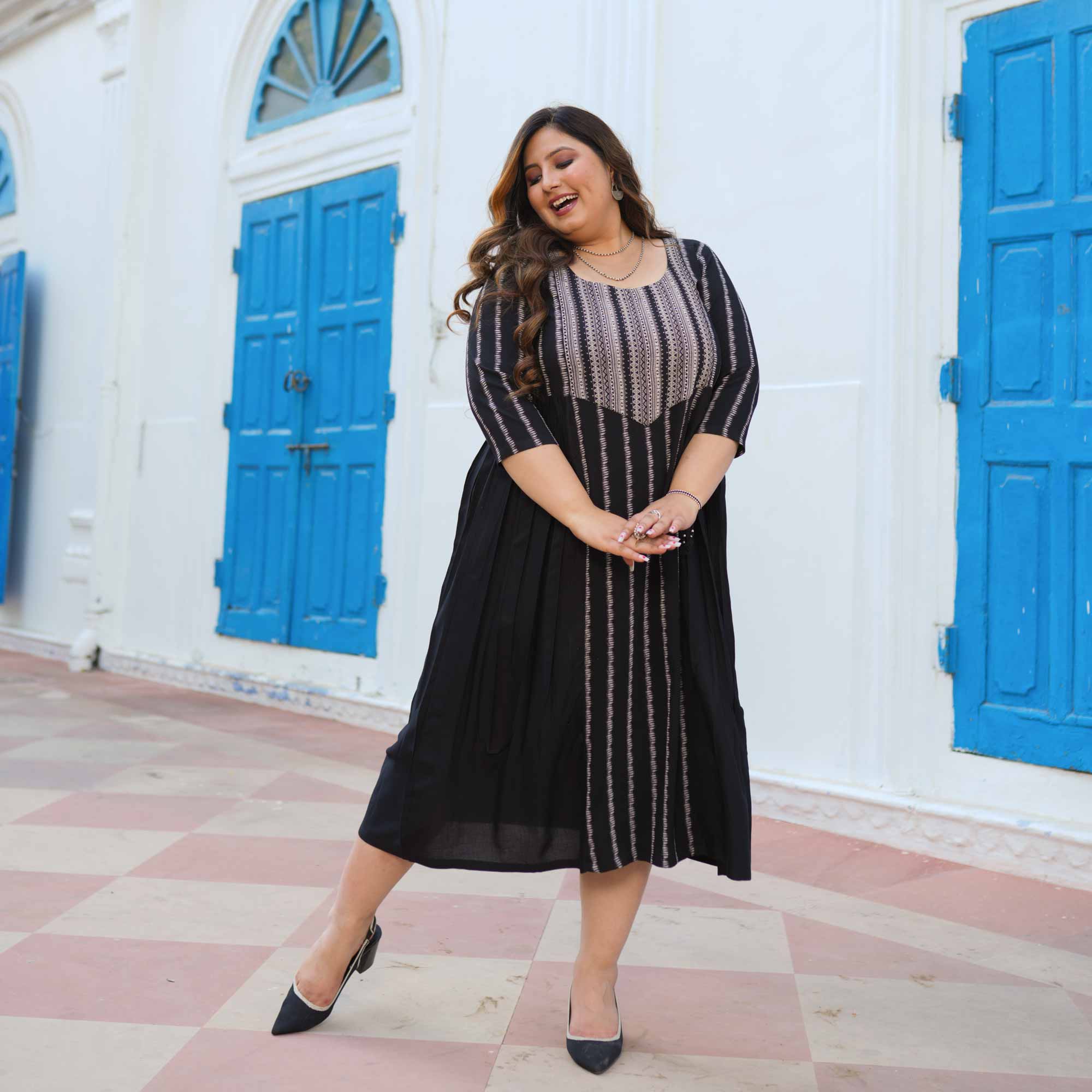 Check-Mate Black Cotton Lycra Aline Dress