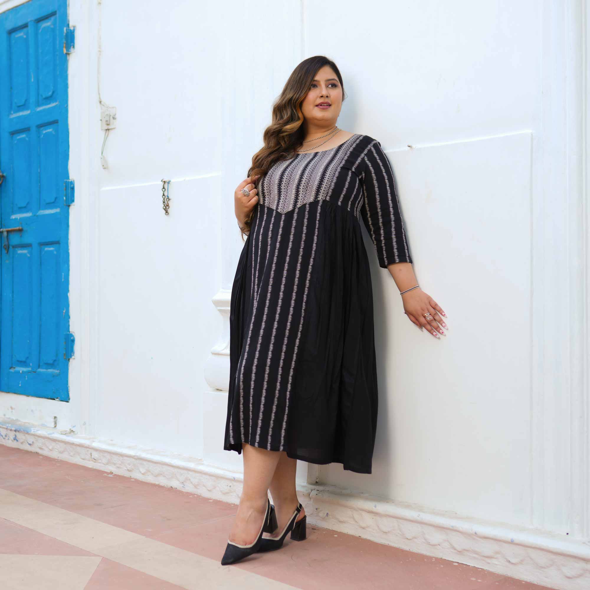 Check-Mate Black Cotton Lycra Aline Dress