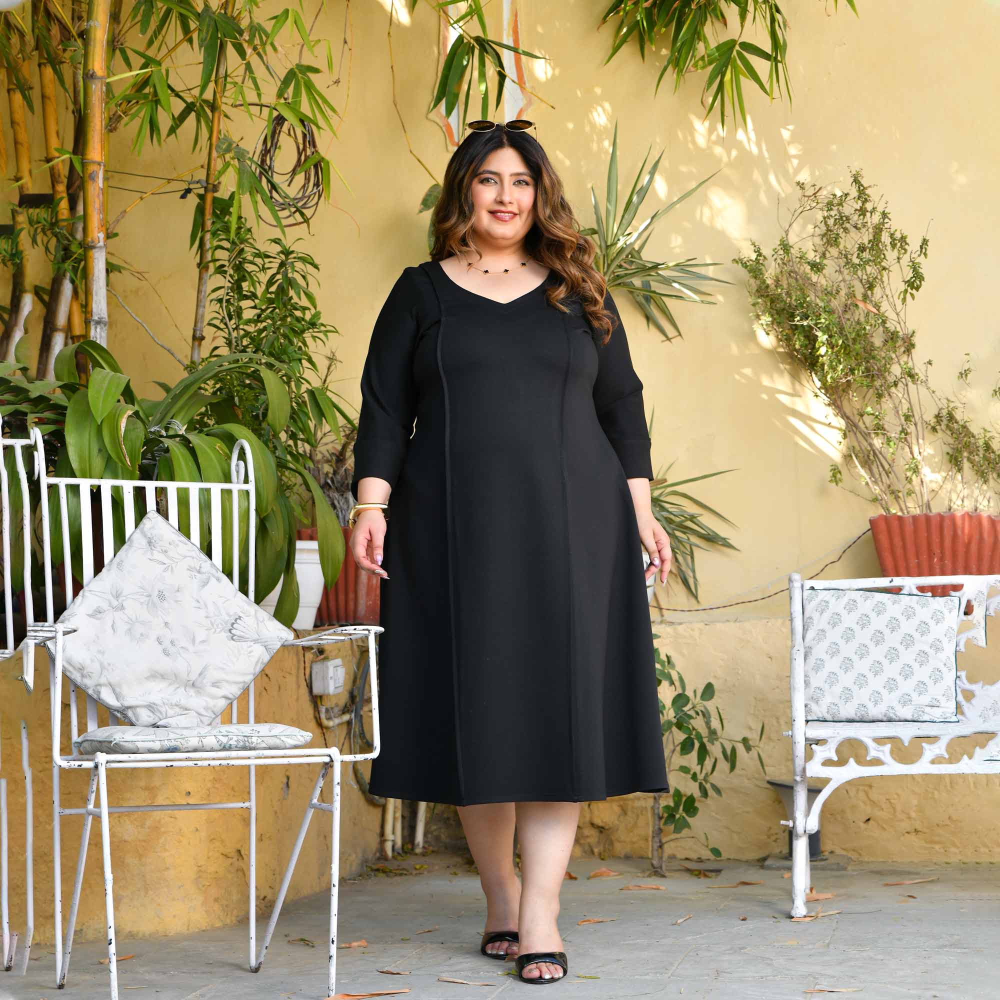 Elara- Black Fine Cotton Lycra Aline Dress