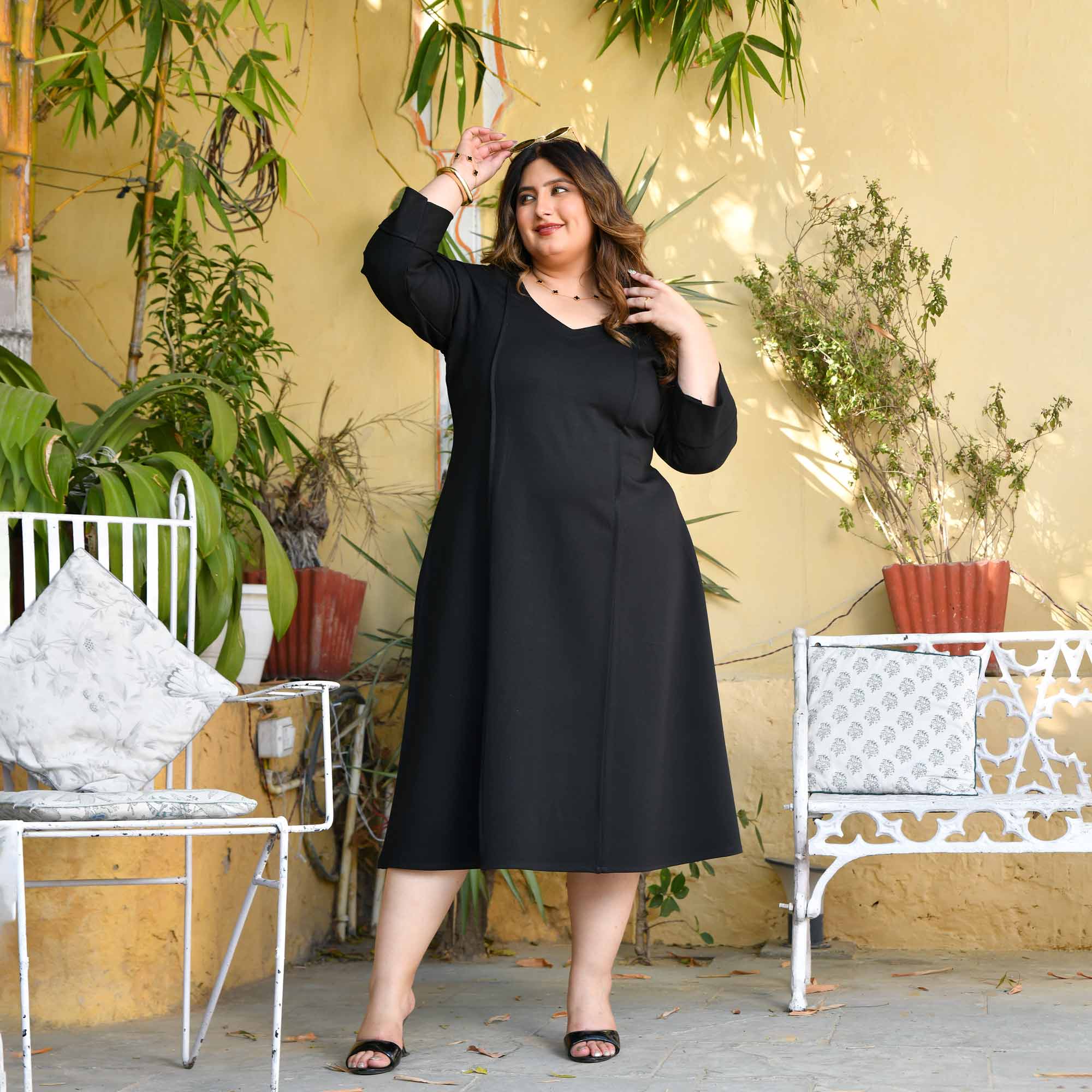 Elara- Black Fine Cotton Lycra Aline Dress