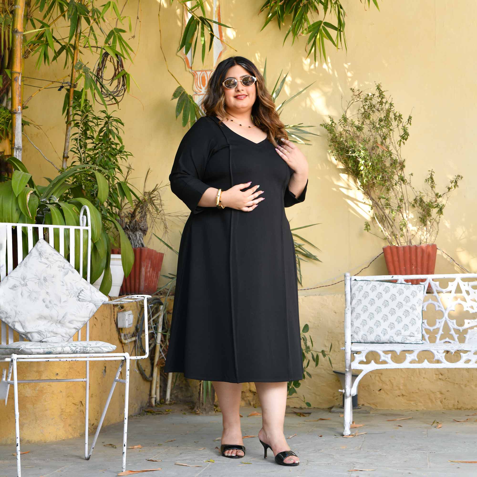 Elara- Black Fine Cotton Lycra Aline Dress