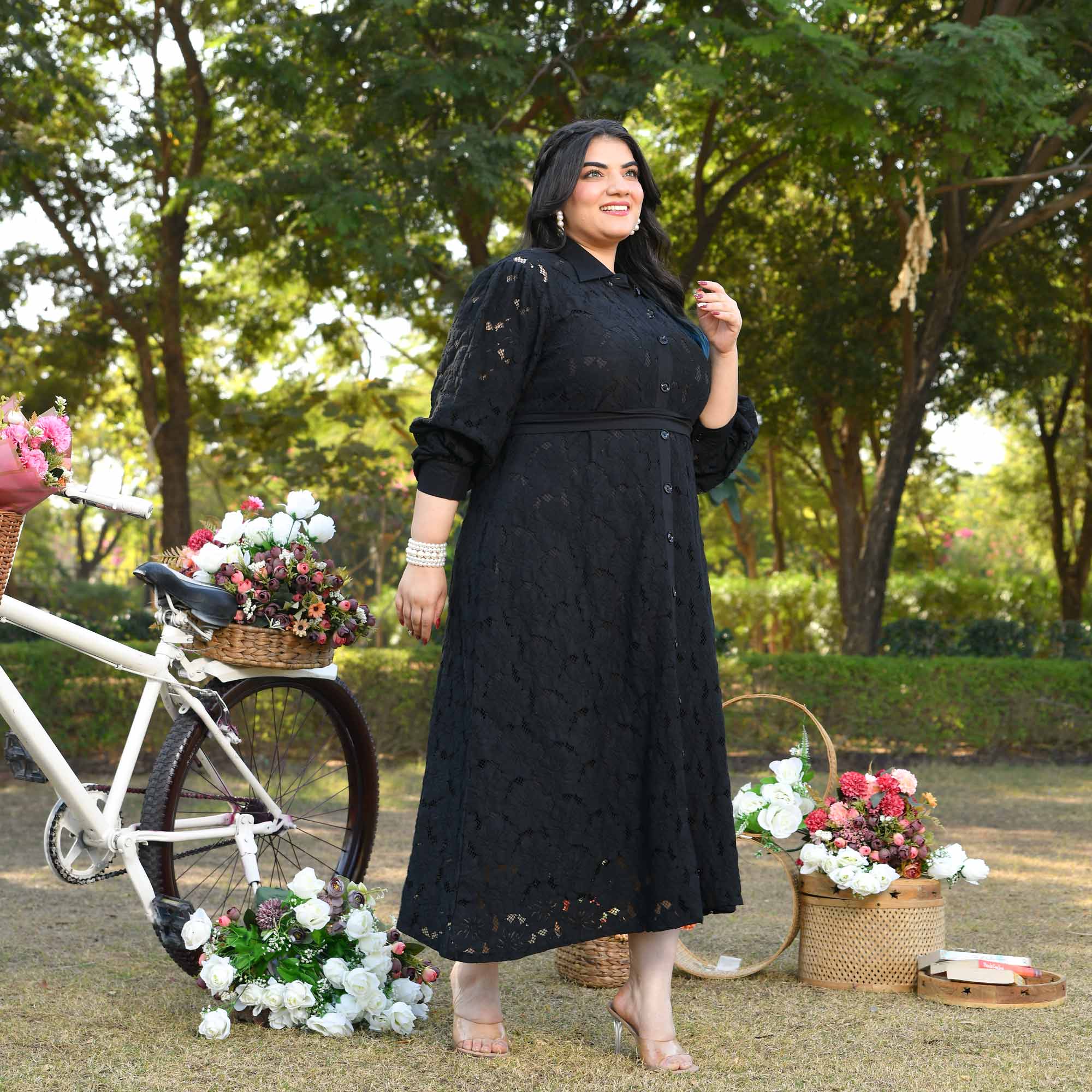 Rome- Black Cotton Knit Laced Aline Shirt Dress