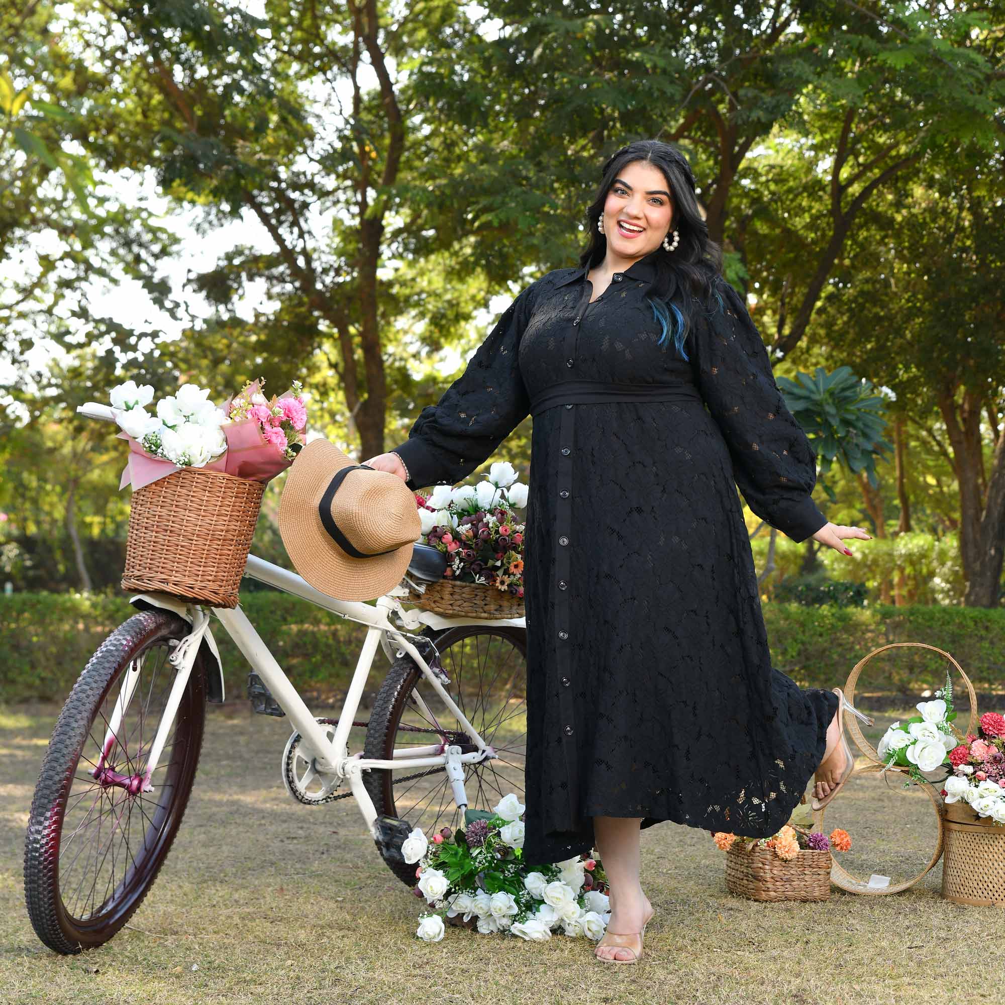 Rome- Black Cotton Knit Laced Aline Shirt Dress