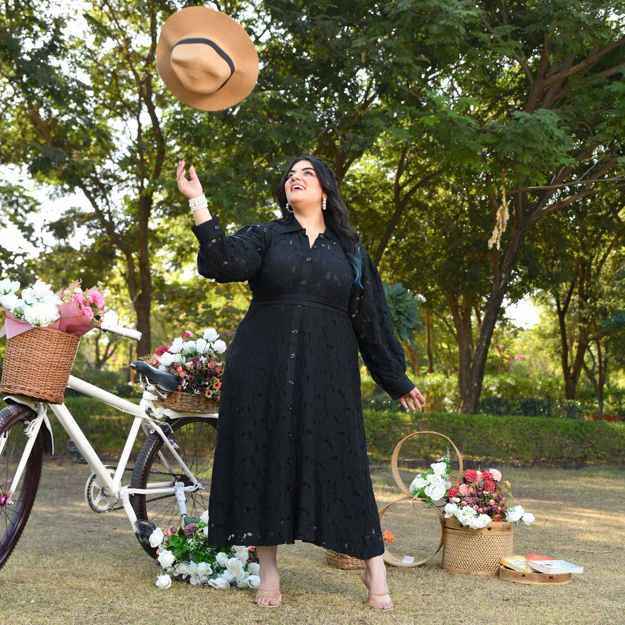 Rome- Black Cotton Knit Laced Aline Shirt Dress