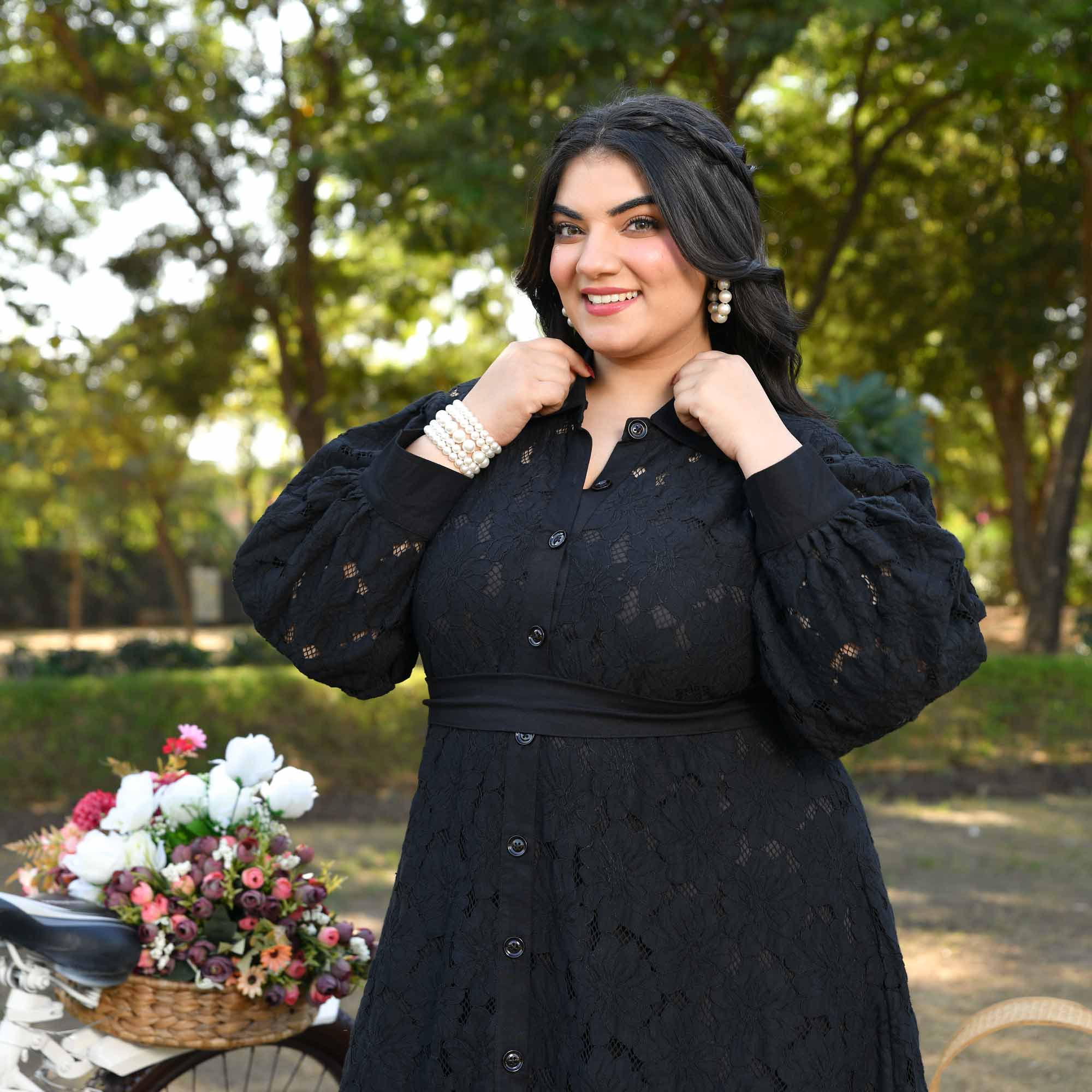 Rome- Black Cotton Knit Laced Aline Shirt Dress