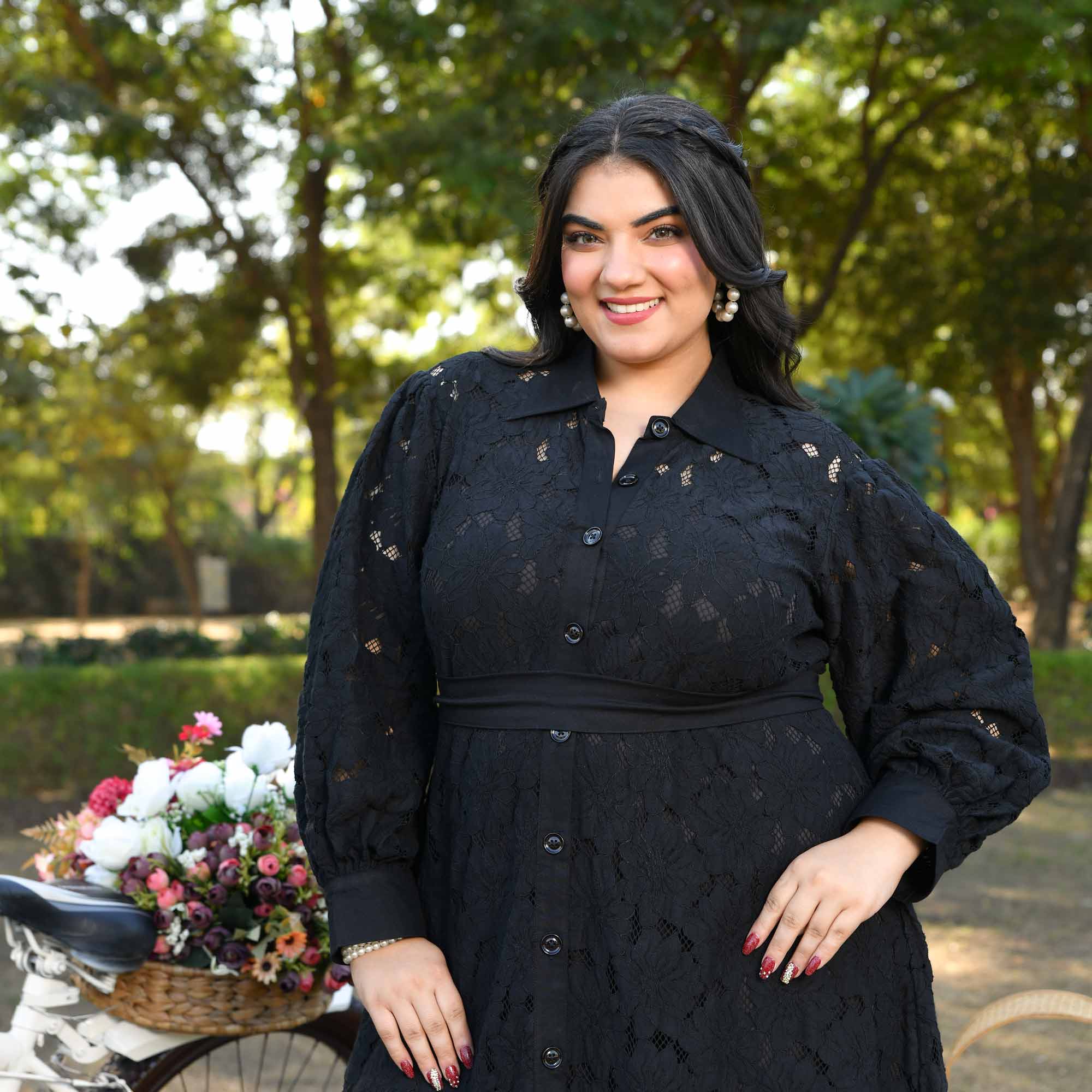 Rome- Black Cotton Knit Laced Aline Shirt Dress