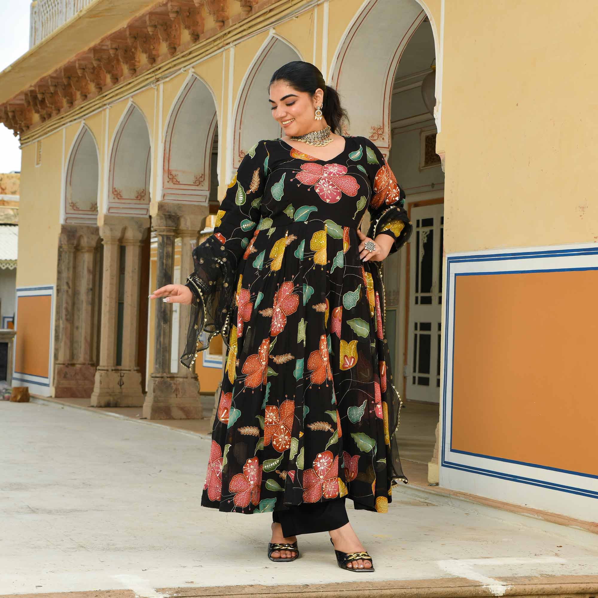 Selina: Black Floral Pure Organza Embroidered Anarkali Set