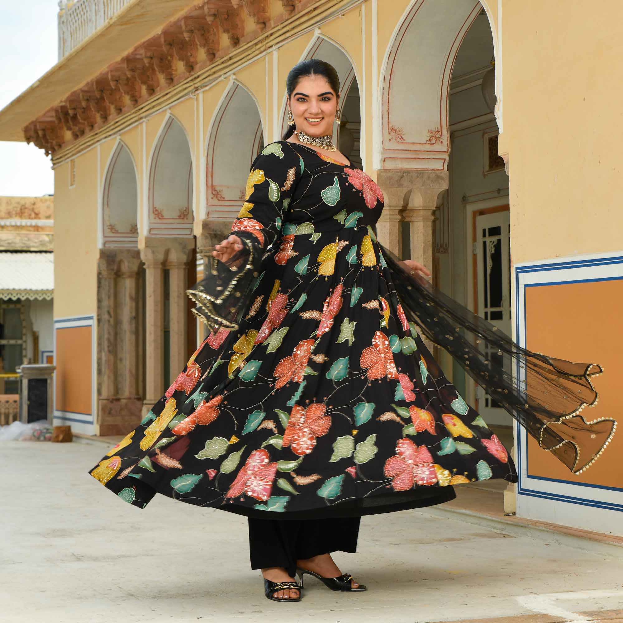 Selina: Black Floral Pure Organza Embroidered Anarkali Set