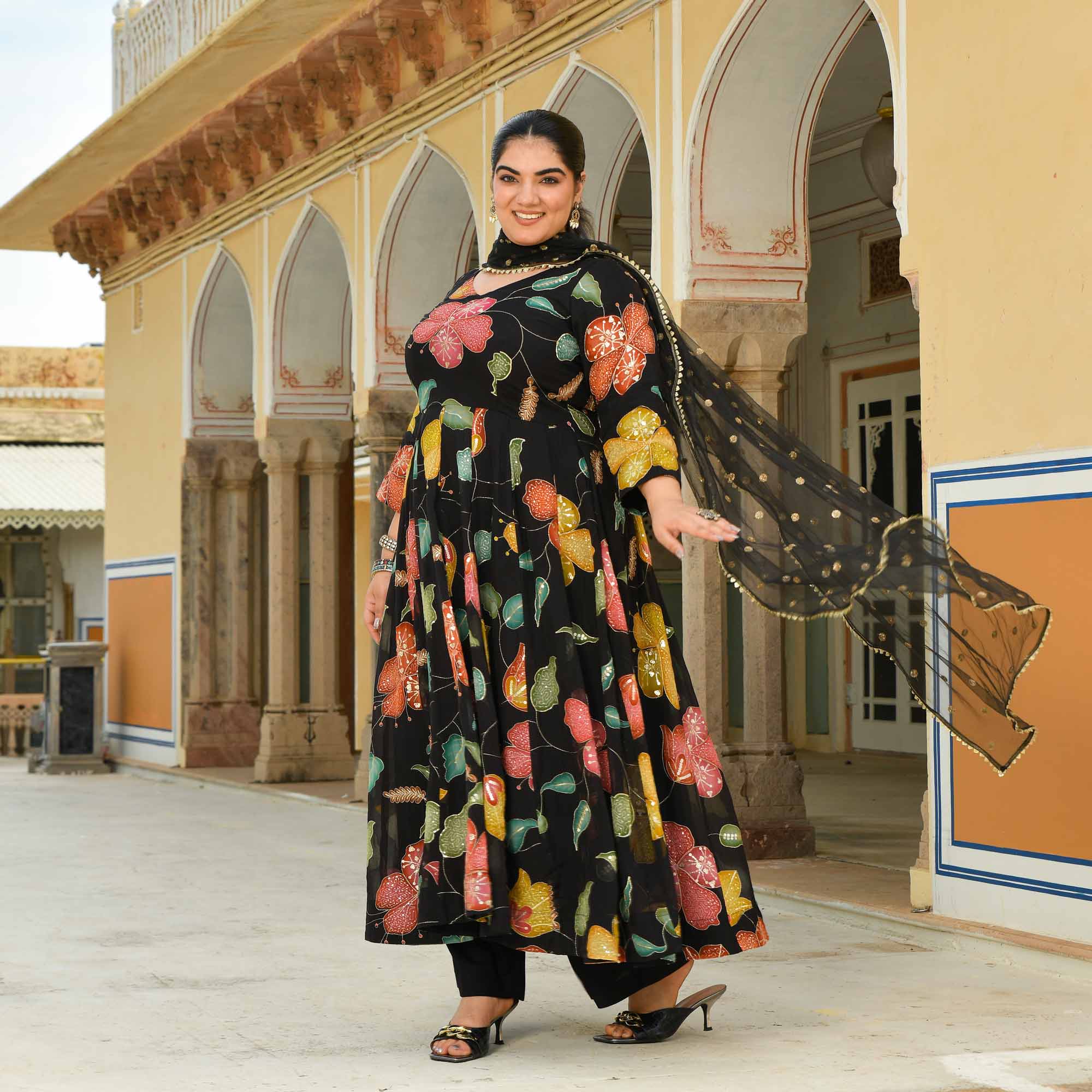 Selina: Black Floral Pure Organza Embroidered Anarkali Set