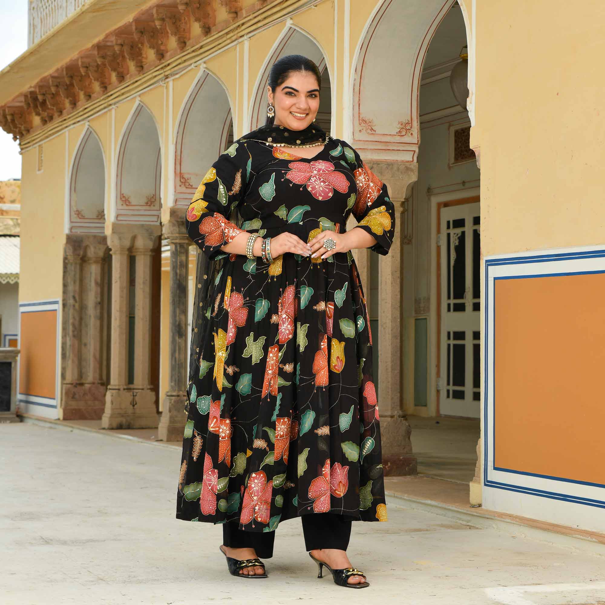Selina: Black Floral Pure Organza Embroidered Anarkali Set