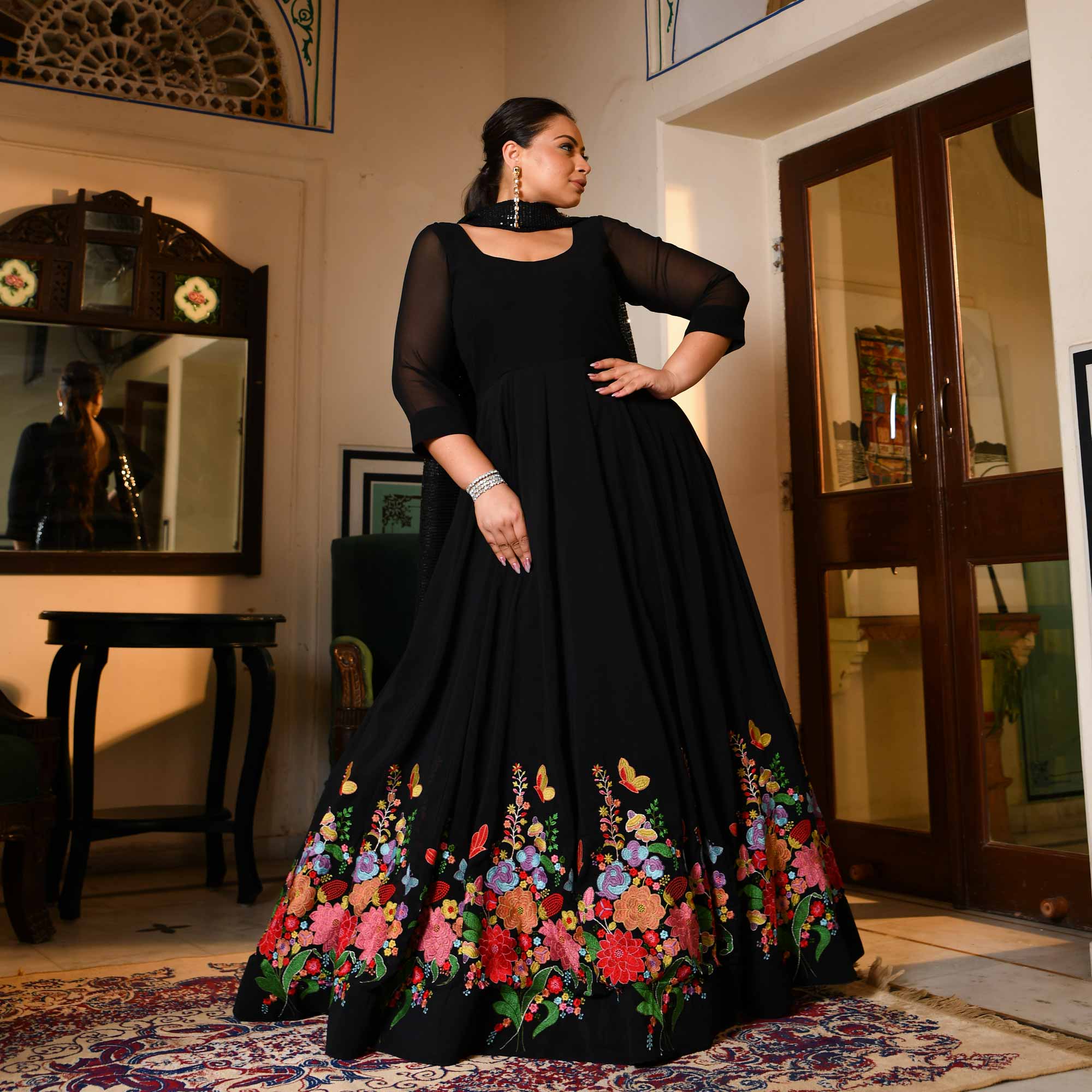 Elizabeth - Black Georgette Embroidered Dress