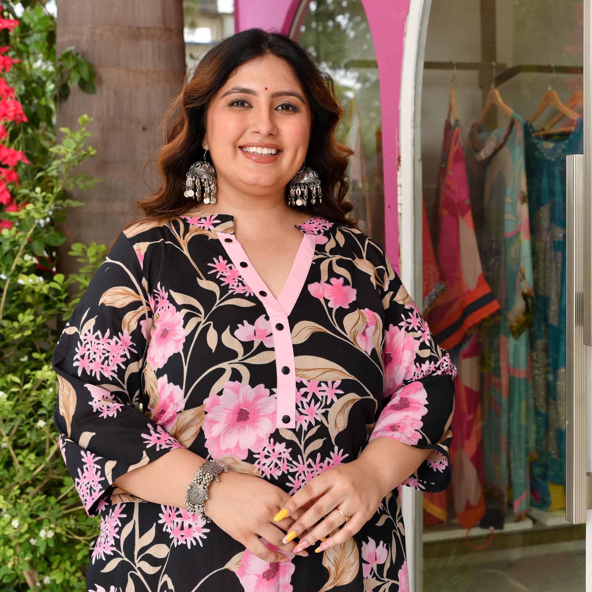Hollyhocks- Black & Pink Floral Pure Cotton Kurta