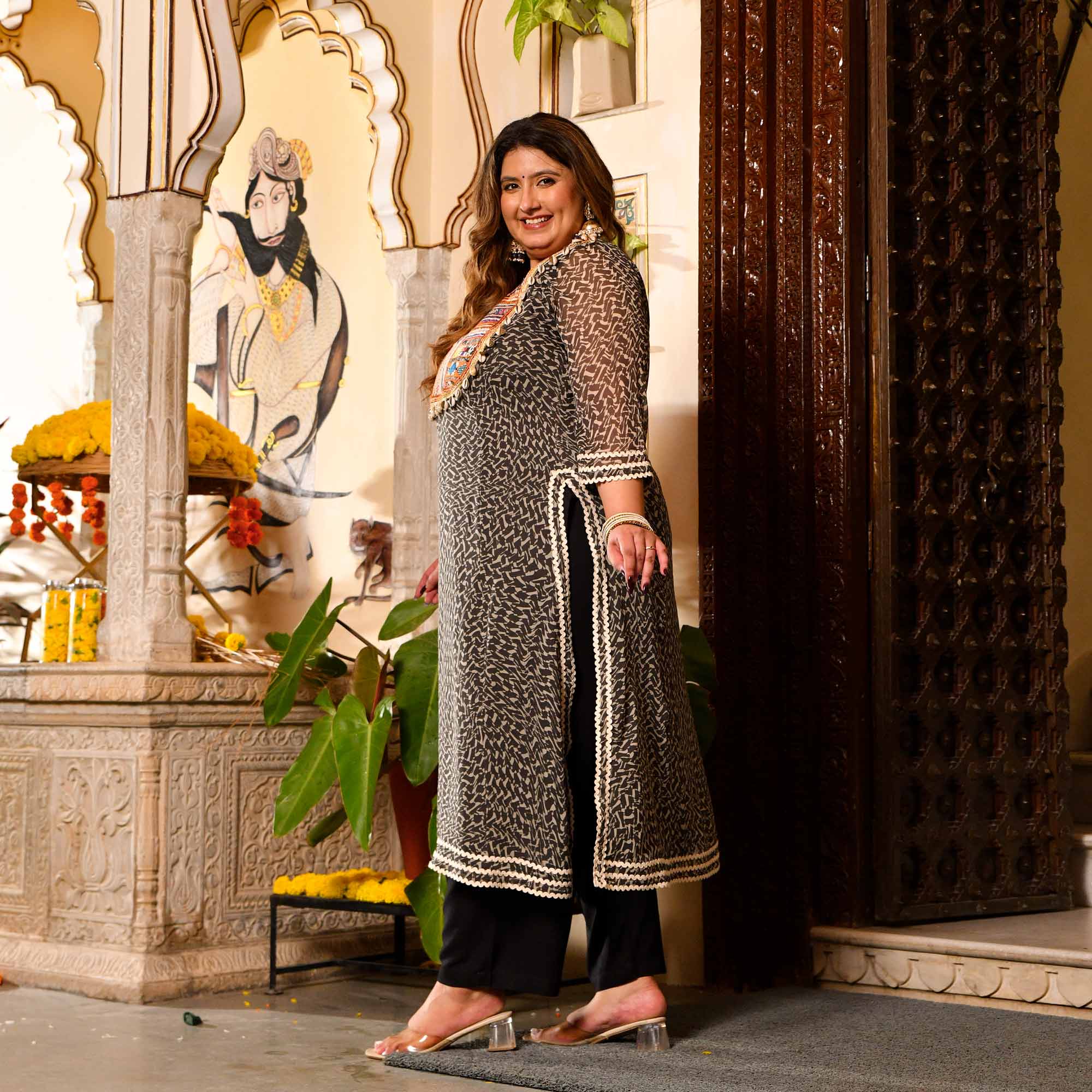 Mohtarma- Black Boho Chiffon Kutch Hand Embroidered Kurta