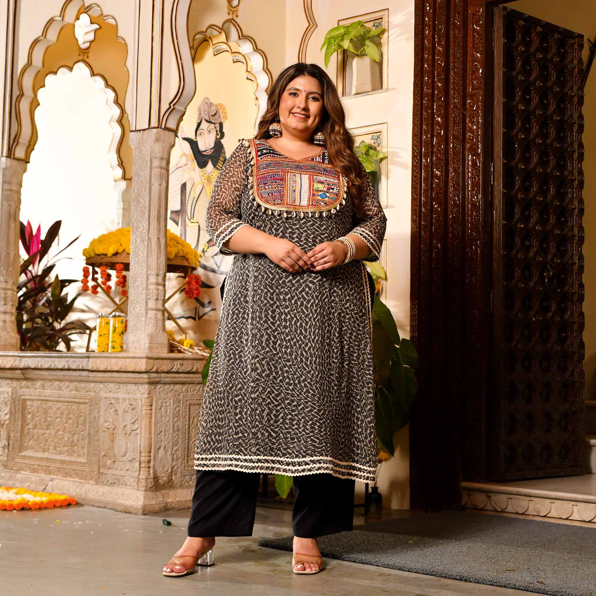 Mohtarma- Black Boho Chiffon Kutch Hand Embroidered Kurta