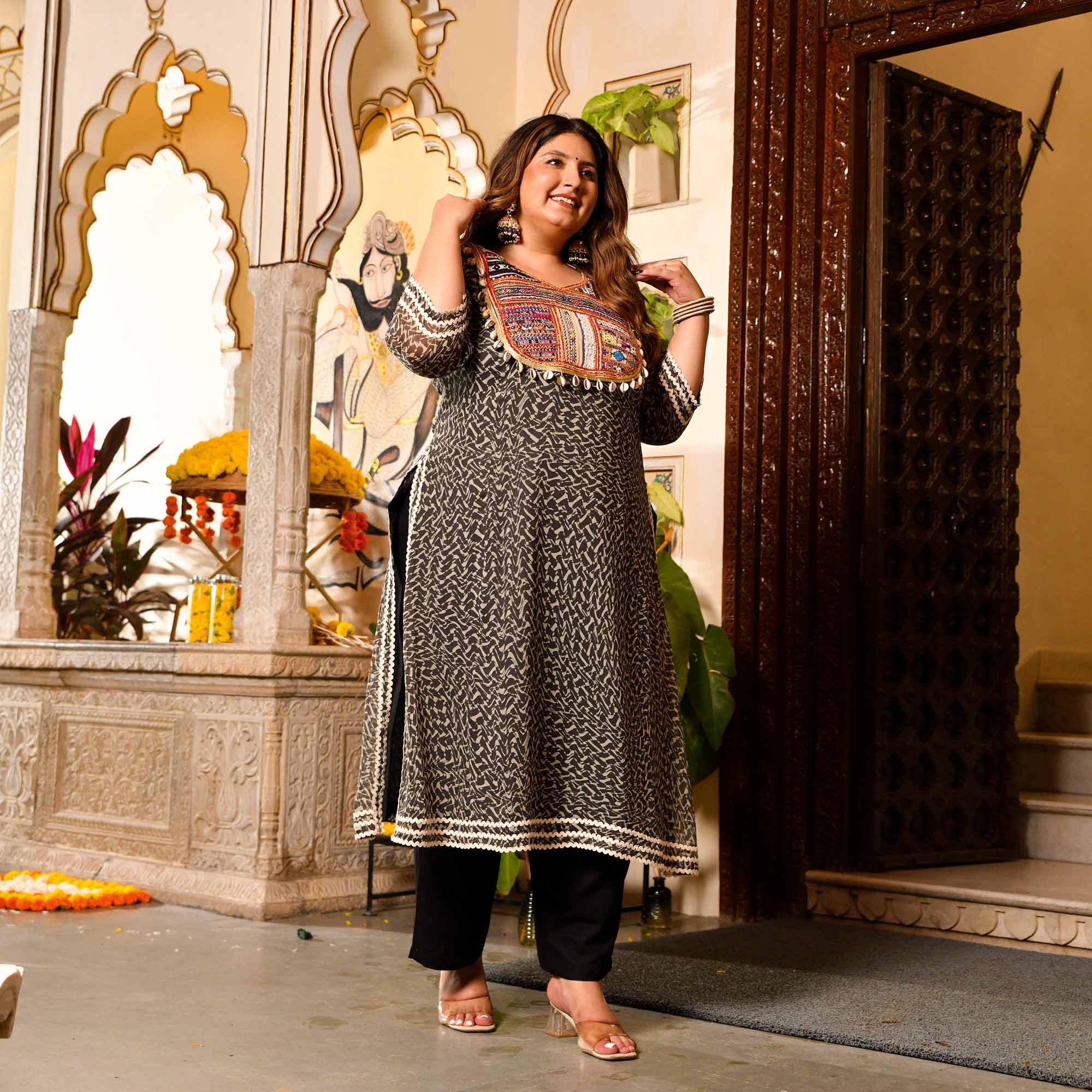 Mohtarma- Black Boho Chiffon Kutch Hand Embroidered Kurta