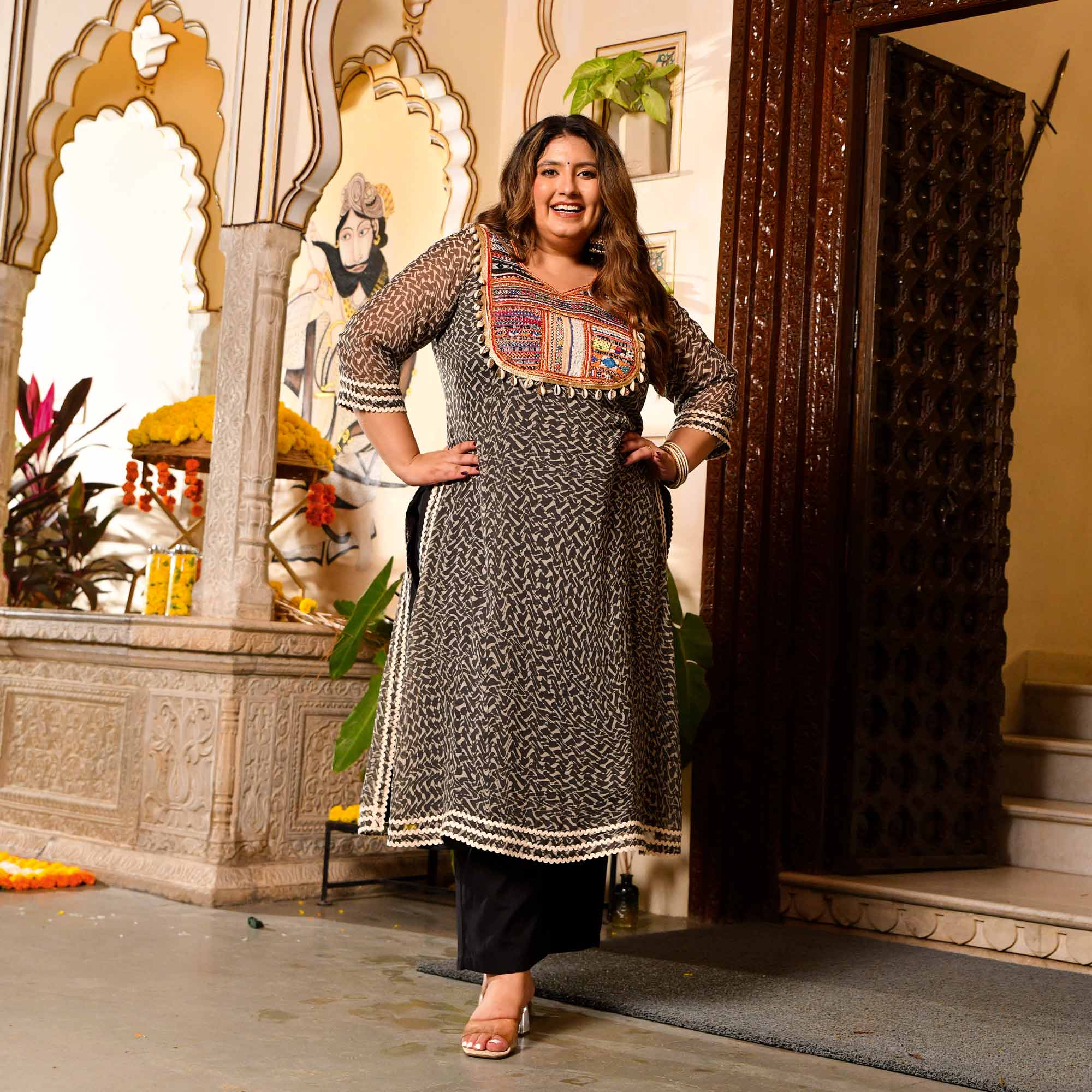 Mohtarma- Black Boho Chiffon Kutch Hand Embroidered Kurta