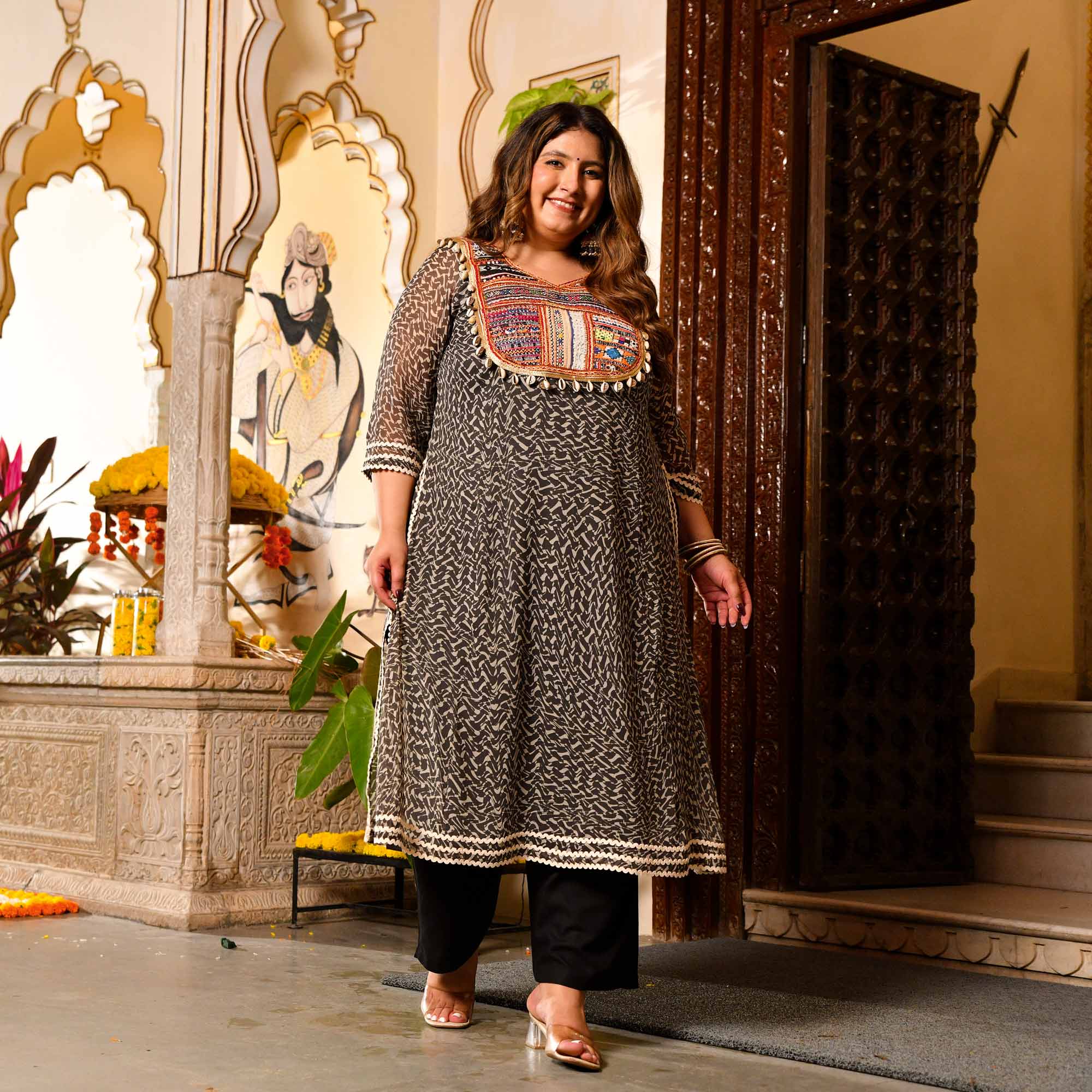 Mohtarma- Black Boho Chiffon Kutch Hand Embroidered Kurta
