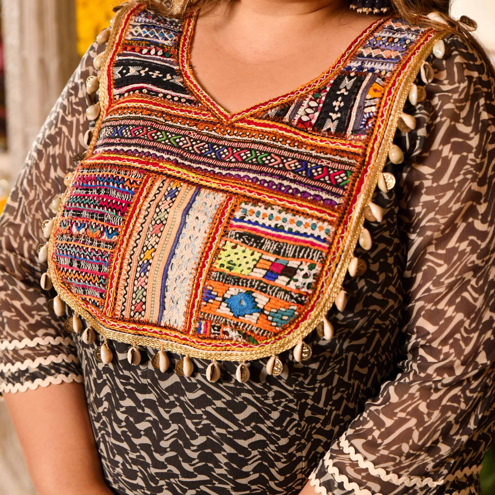 Mohtarma- Black Boho Chiffon Kutch Hand Embroidered Kurta