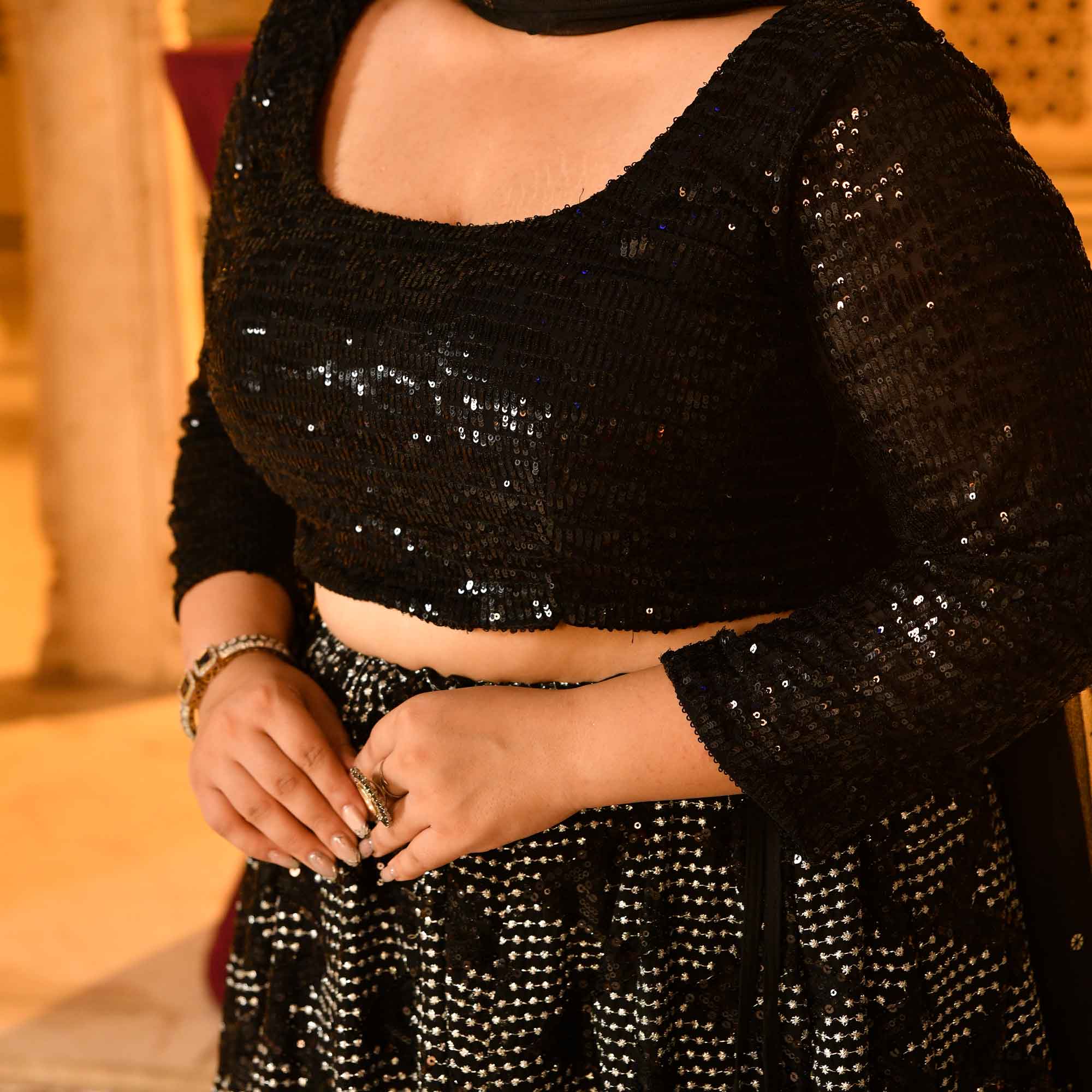 Black Shine Stretchable Sequin Embroidered Lehenga Set