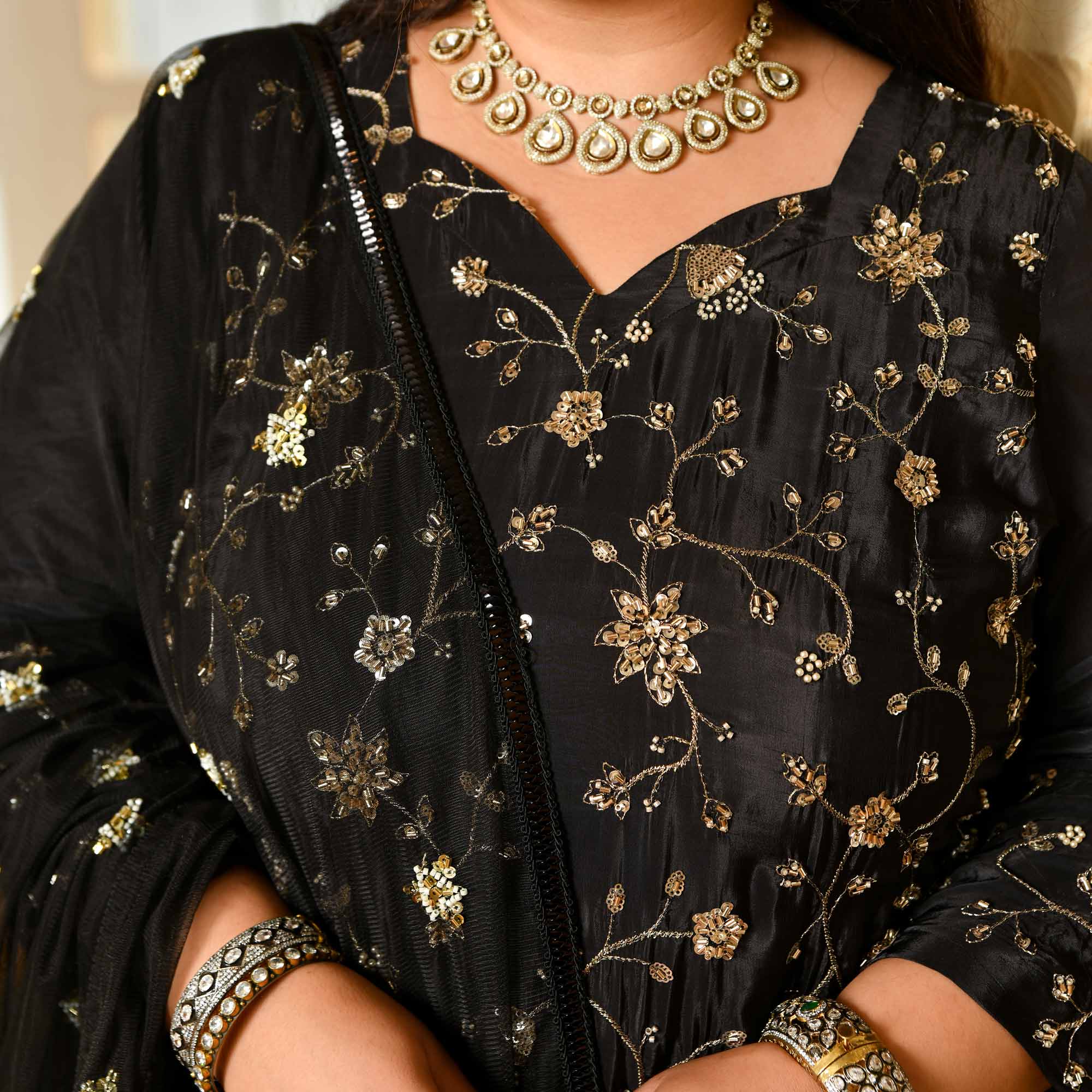 Raat Ki Rani- Black Pure Crepe Cutdana Embroidered Lehenga Set