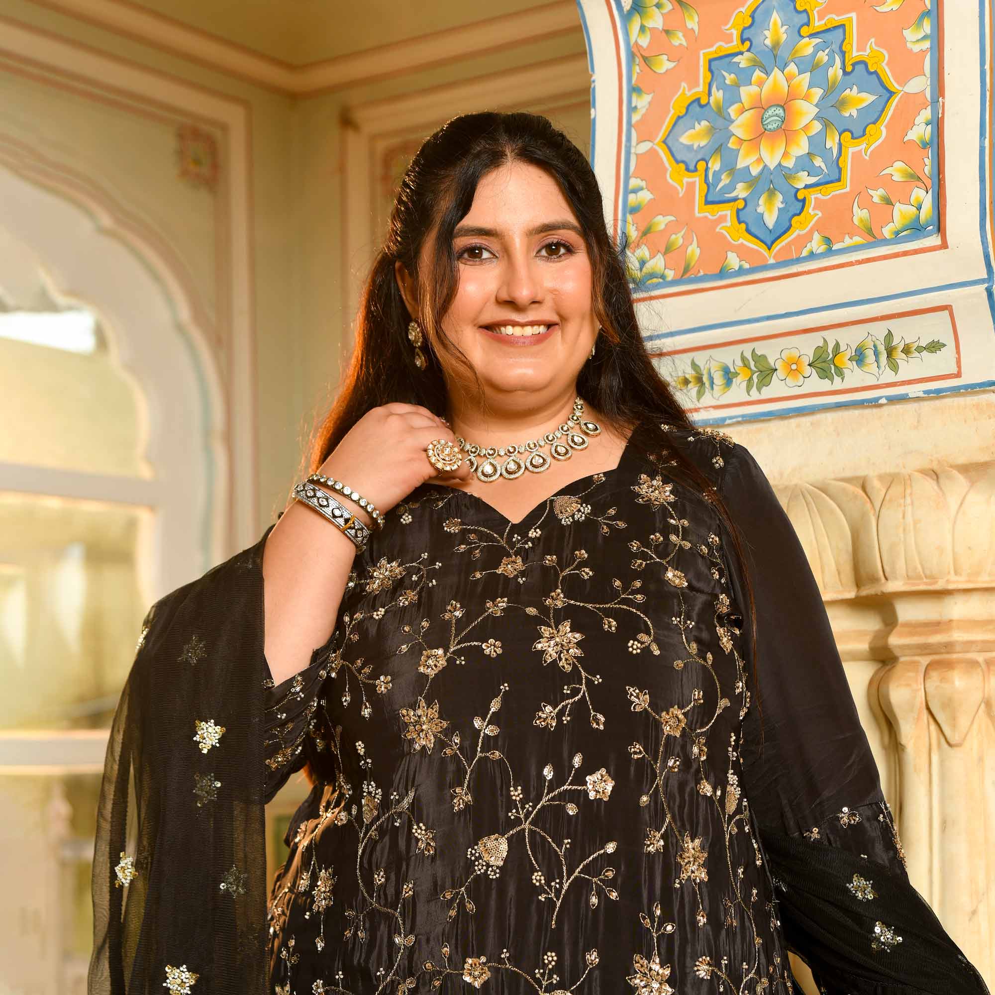 Raat Ki Rani- Black Pure Crepe Cutdana Embroidered Lehenga Set