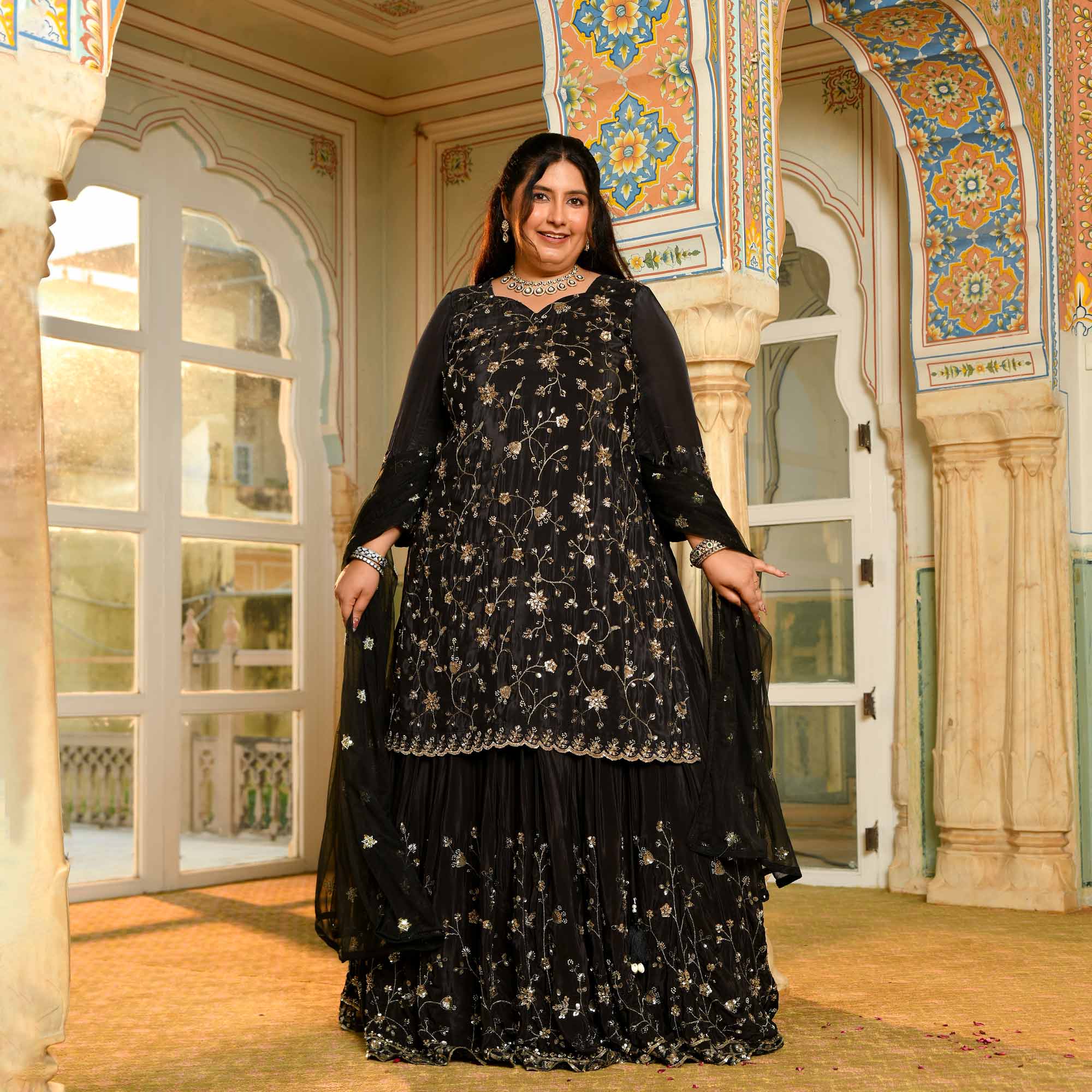 Raat Ki Rani- Black Pure Crepe Cutdana Embroidered Lehenga Set