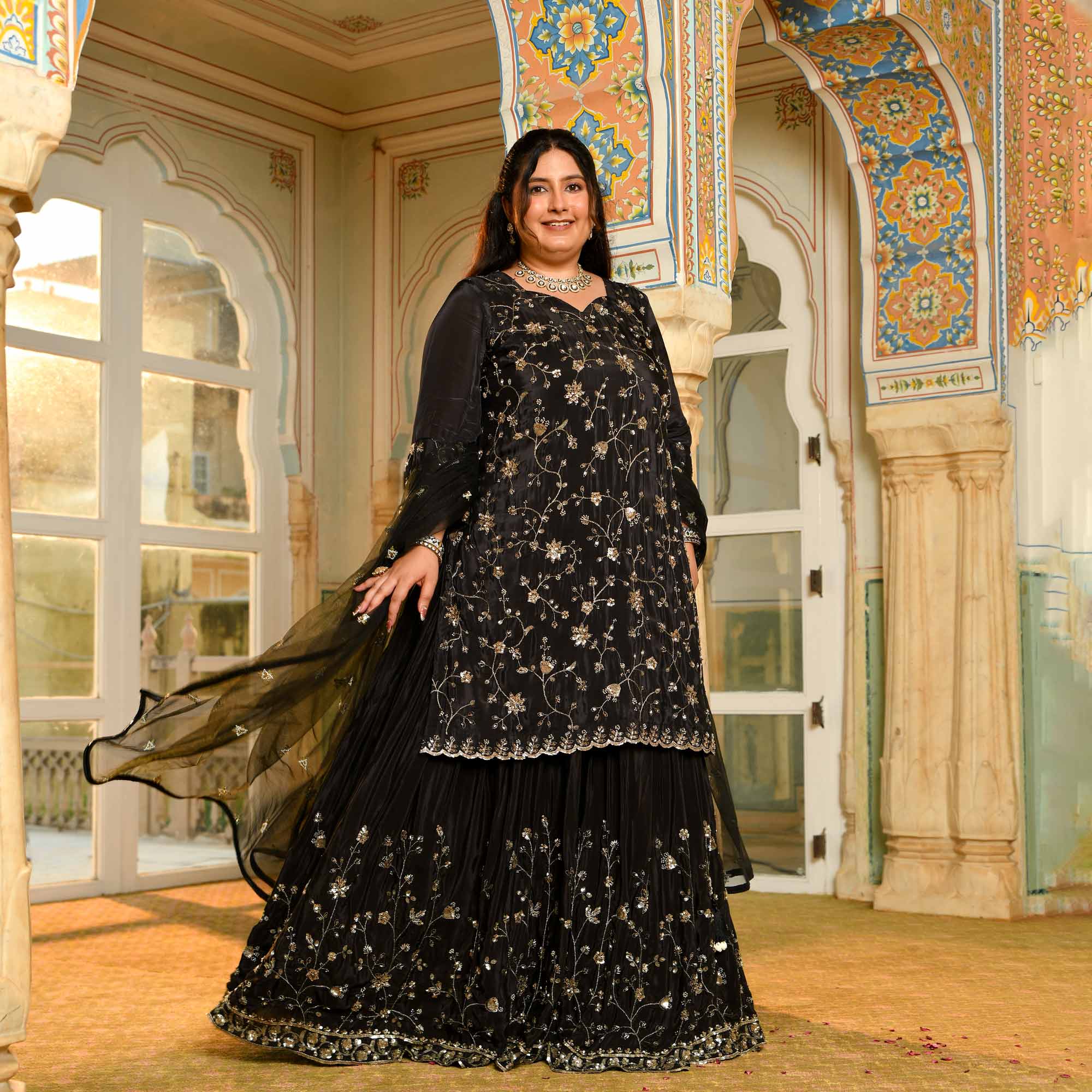 Raat Ki Rani- Black Pure Crepe Cutdana Embroidered Lehenga Set