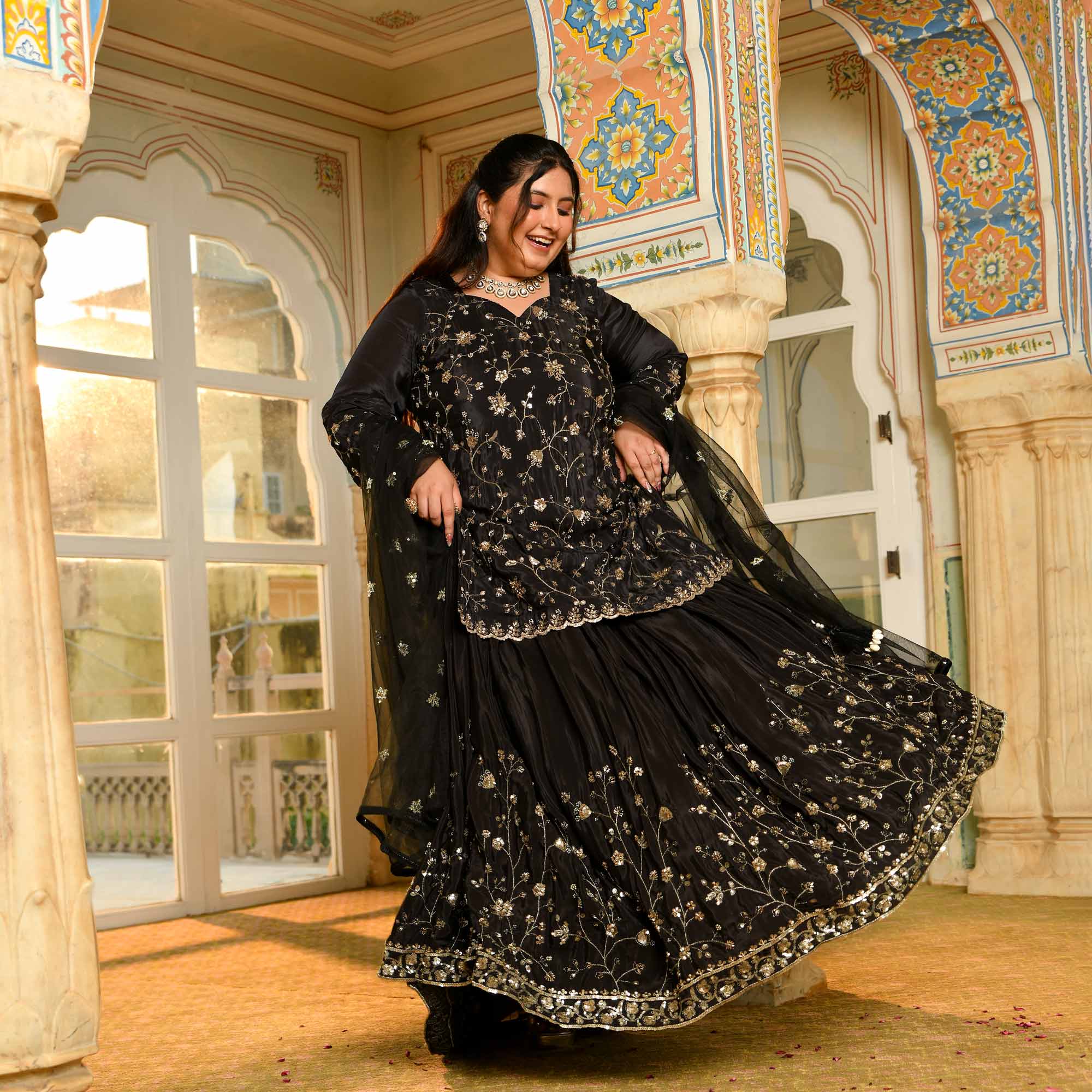 Raat Ki Rani- Black Pure Crepe Cutdana Embroidered Lehenga Set