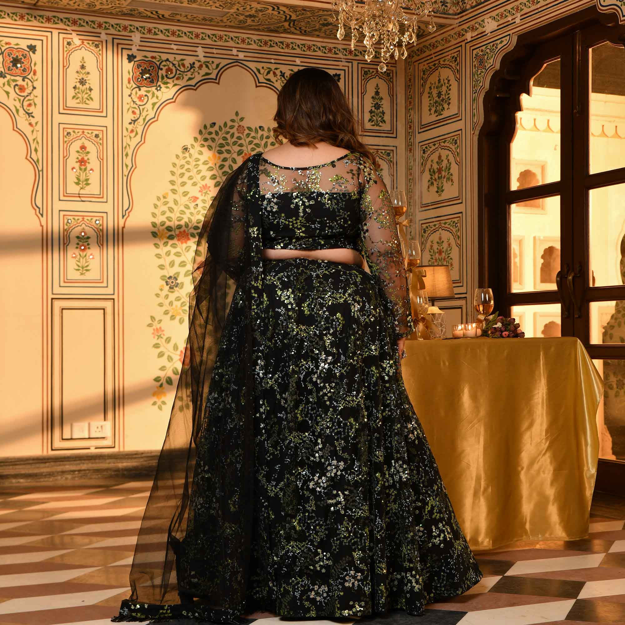 Midori - Black & Green Sequin Embellished Net Lehenga Set
