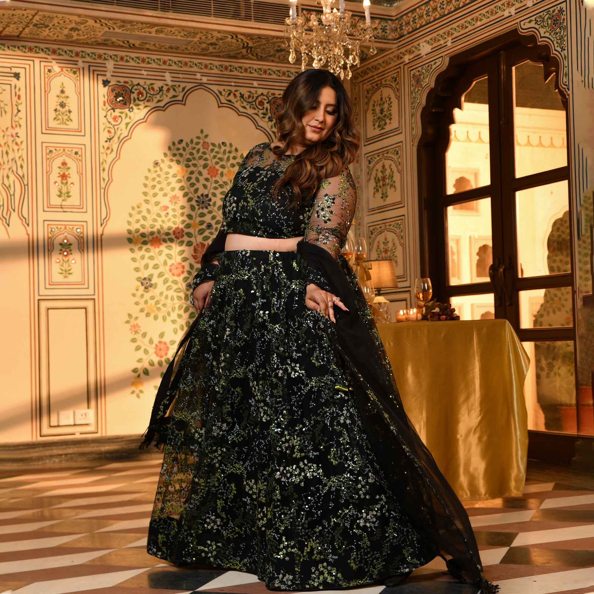 Midori - Black & Green Sequin Embellished Net Lehenga Set