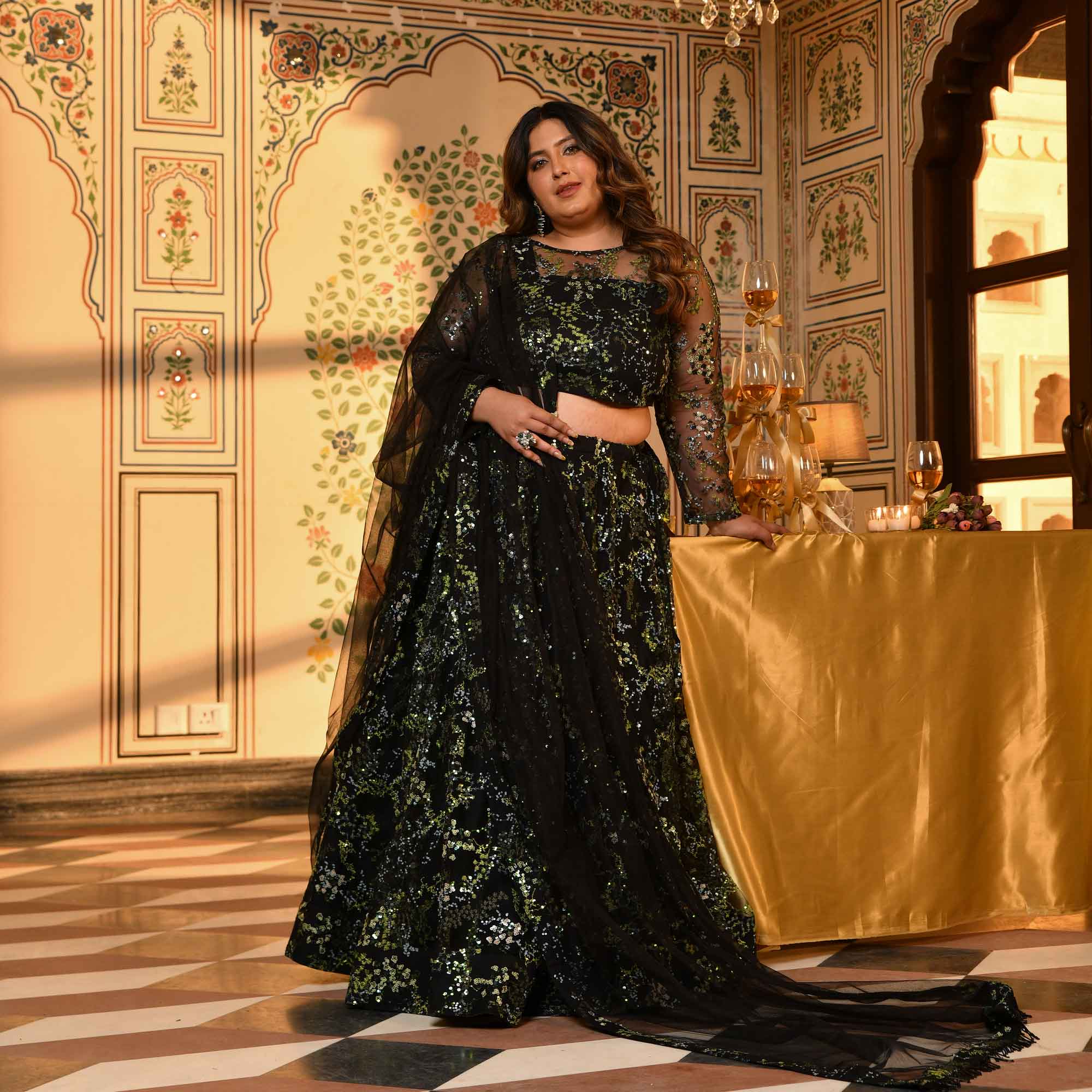 Midori - Black & Green Sequin Embellished Net Lehenga Set