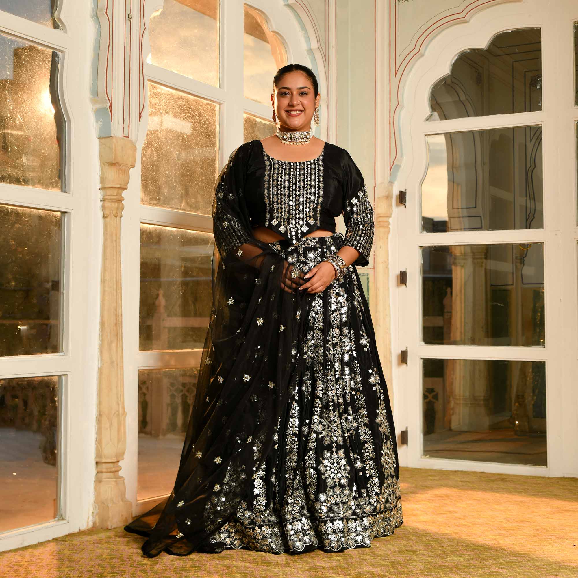 Ishq ki Raat- Black Crepe Mirror Embroidered Lehenga Set