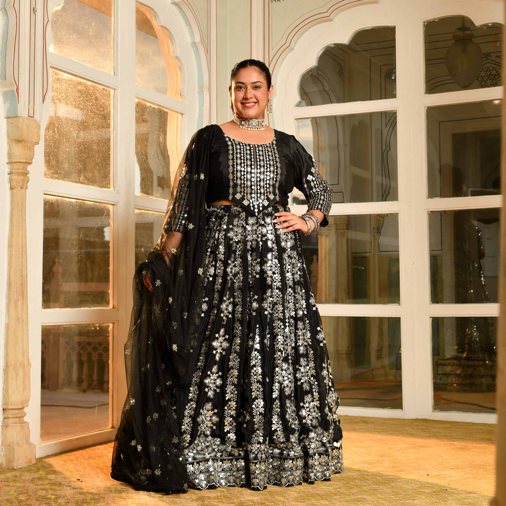 Ishq ki Raat- Black Crepe Mirror Embroidered Lehenga Set