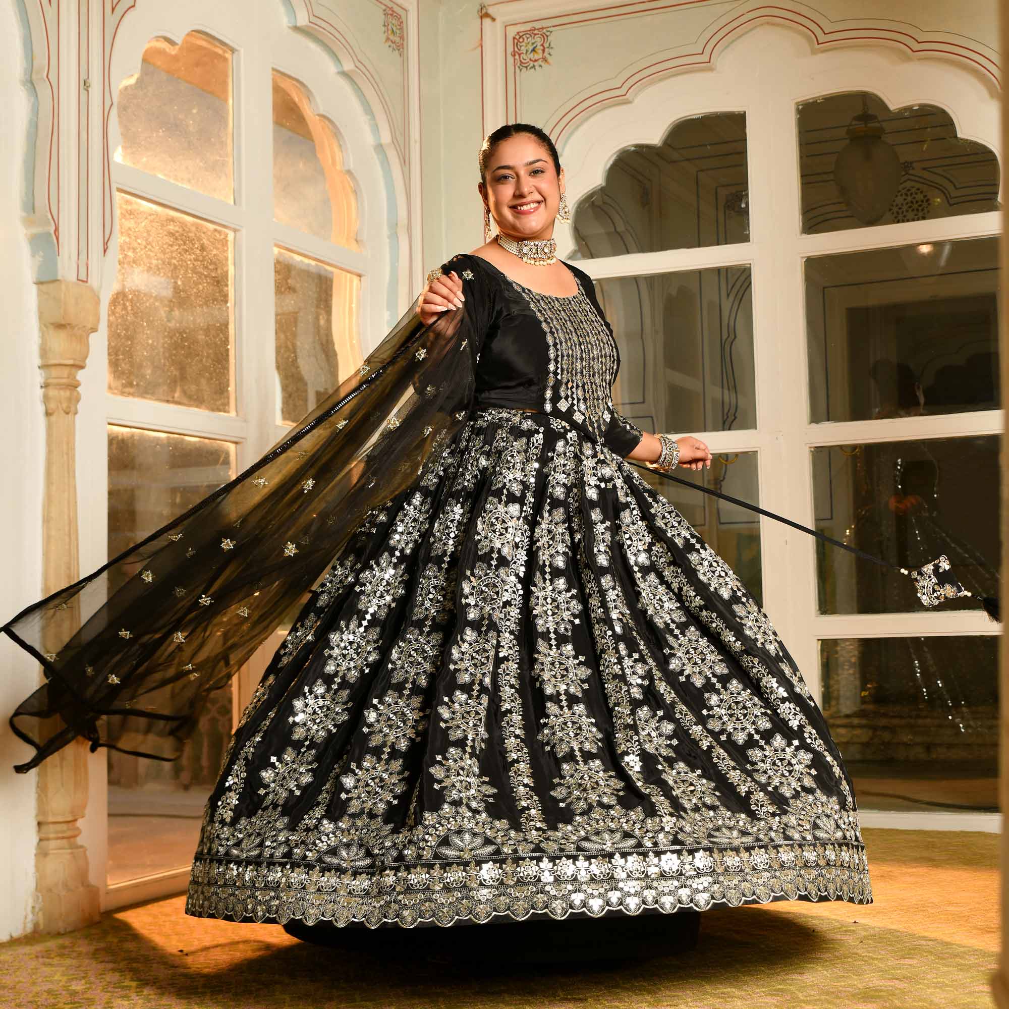 Ishq ki Raat- Black Crepe Mirror Embroidered Lehenga Set