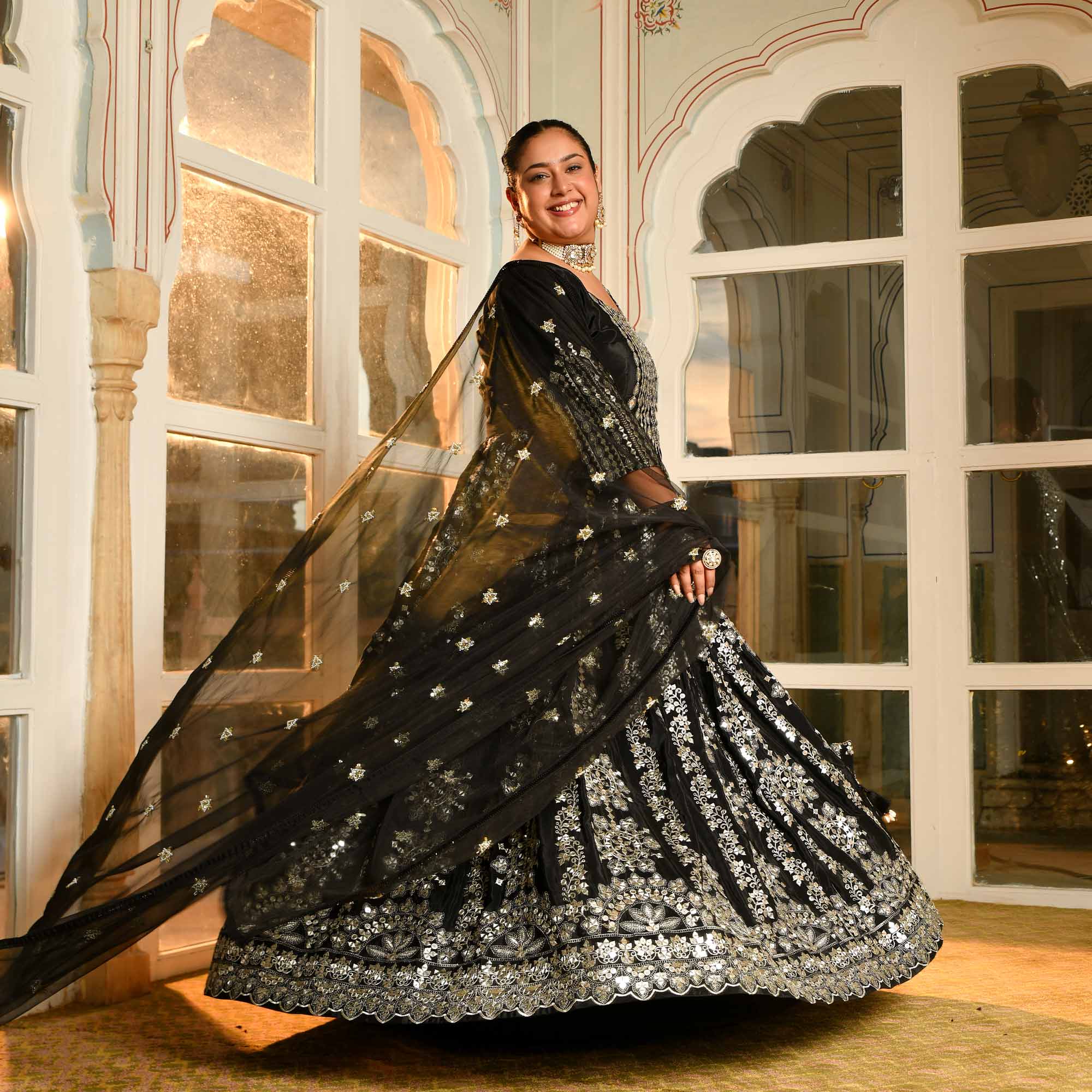 Ishq ki Raat- Black Crepe Mirror Embroidered Lehenga Set