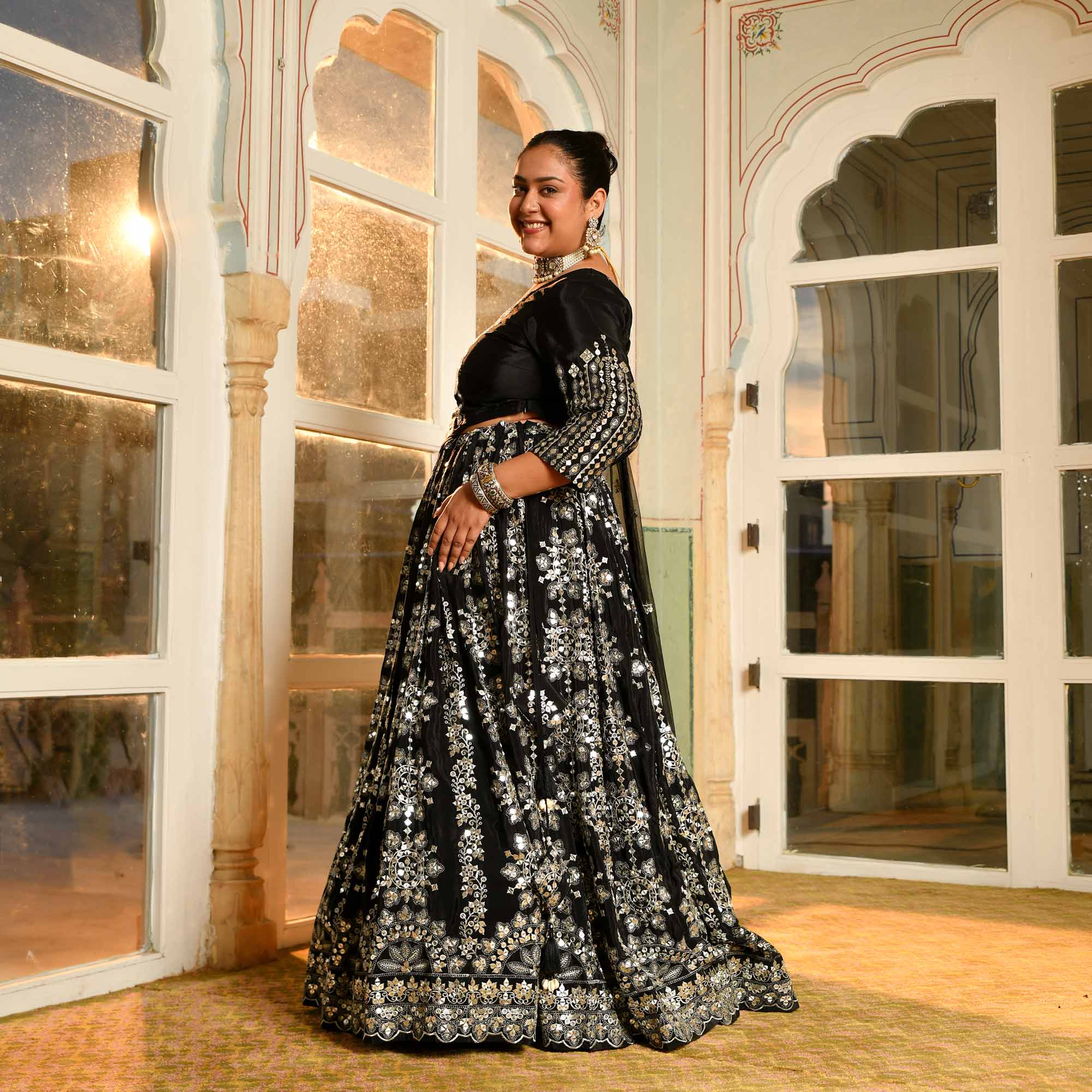 Ishq ki Raat- Black Crepe Mirror Embroidered Lehenga Set