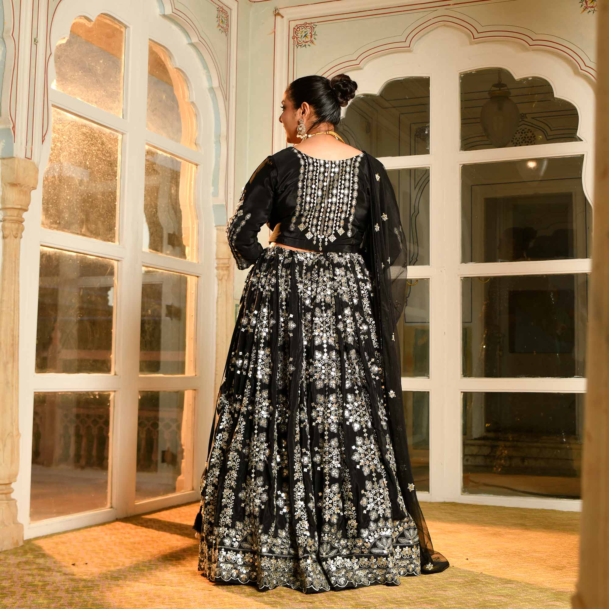 Ishq ki Raat- Black Crepe Mirror Embroidered Lehenga Set