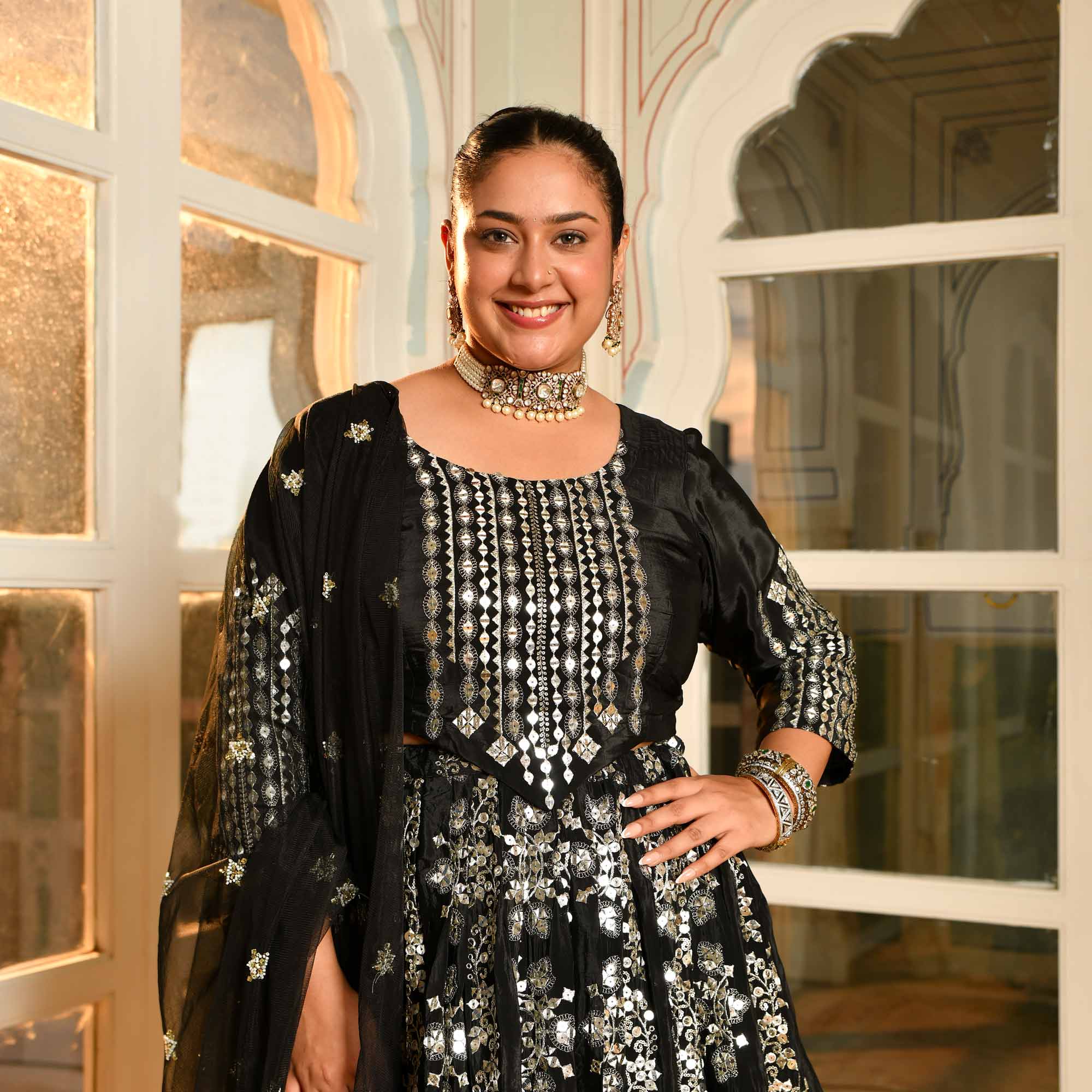 Ishq ki Raat- Black Crepe Mirror Embroidered Lehenga Set