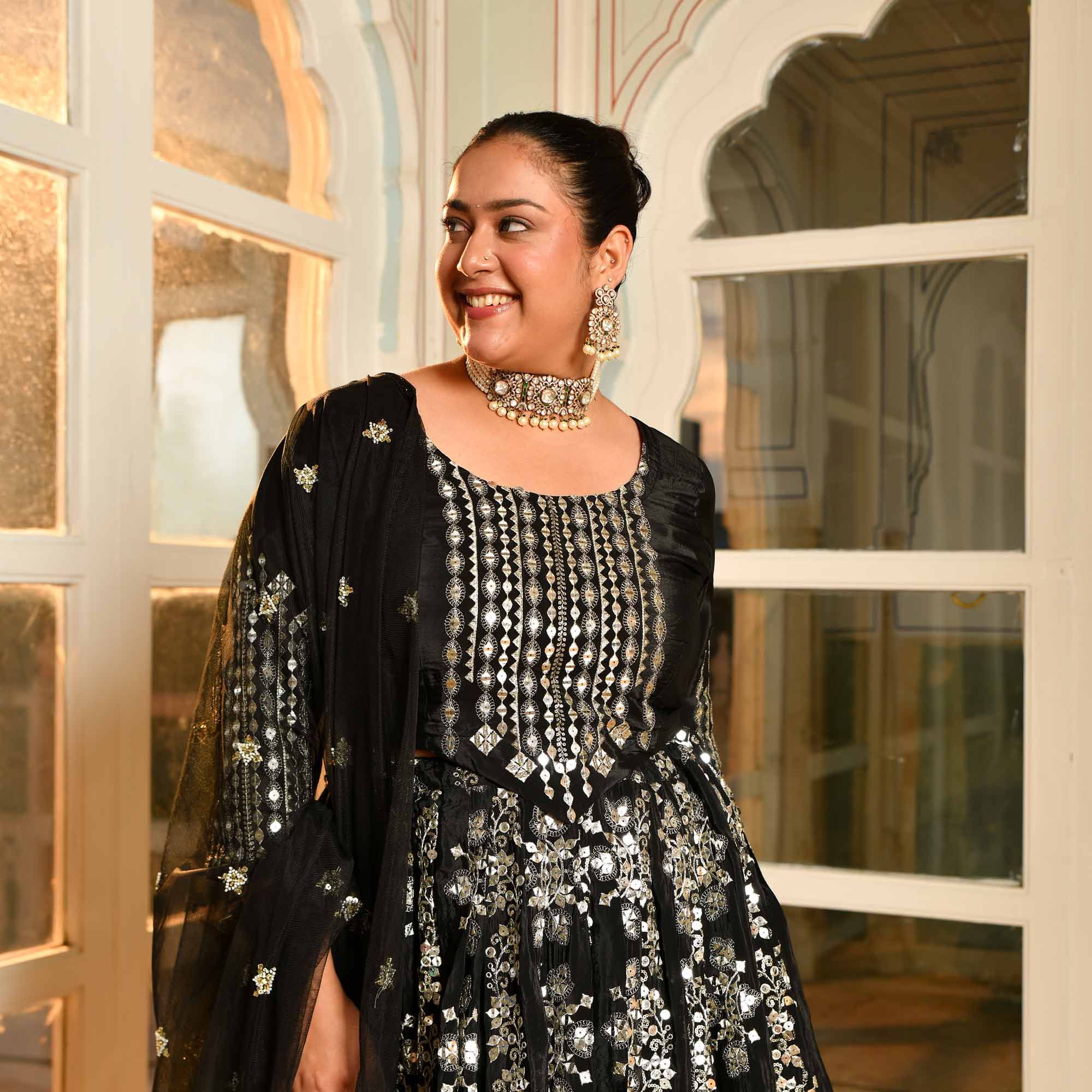 Ishq ki Raat- Black Crepe Mirror Embroidered Lehenga Set