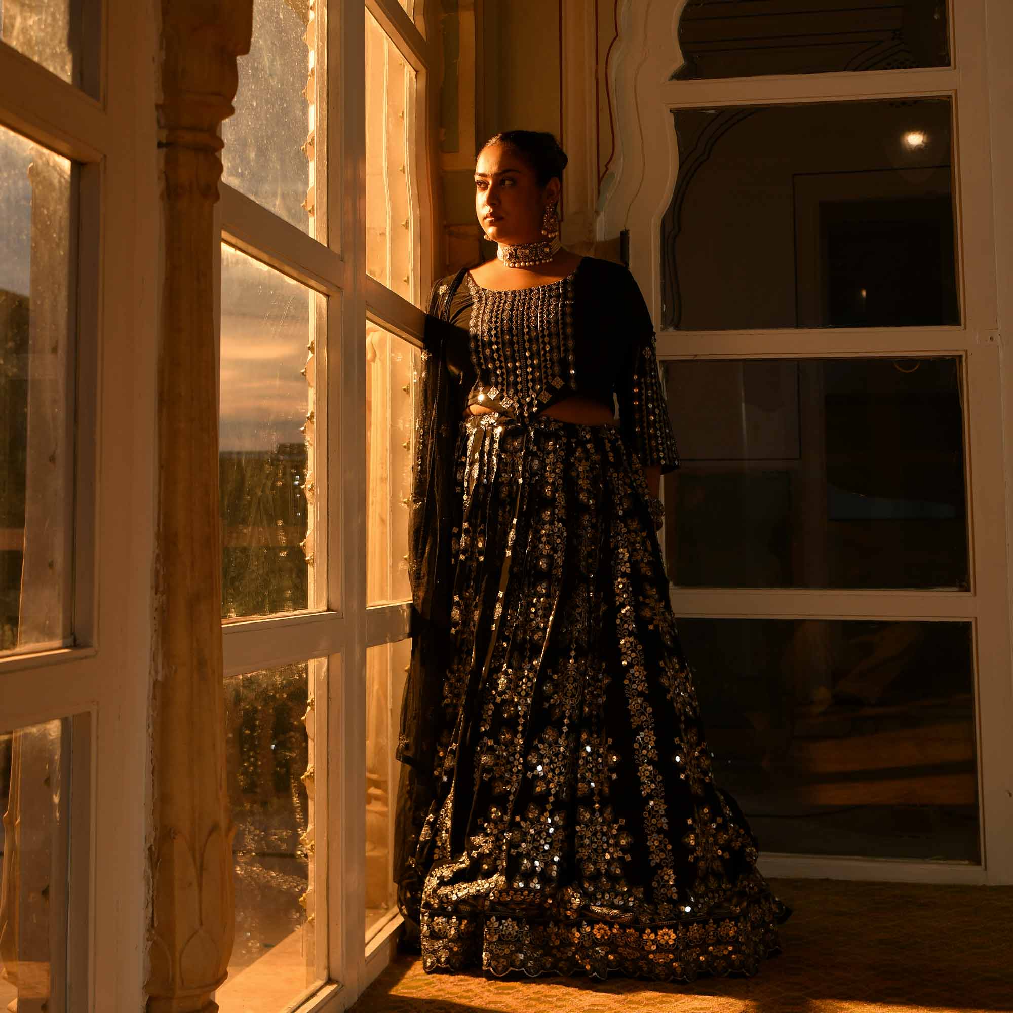 Ishq ki Raat- Black Crepe Mirror Embroidered Lehenga Set