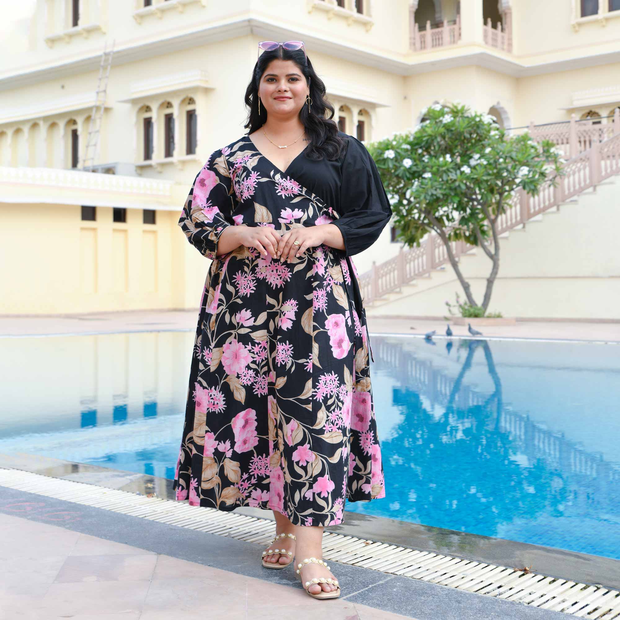 Flamingo & Black Floral Cotton Wrap Dress