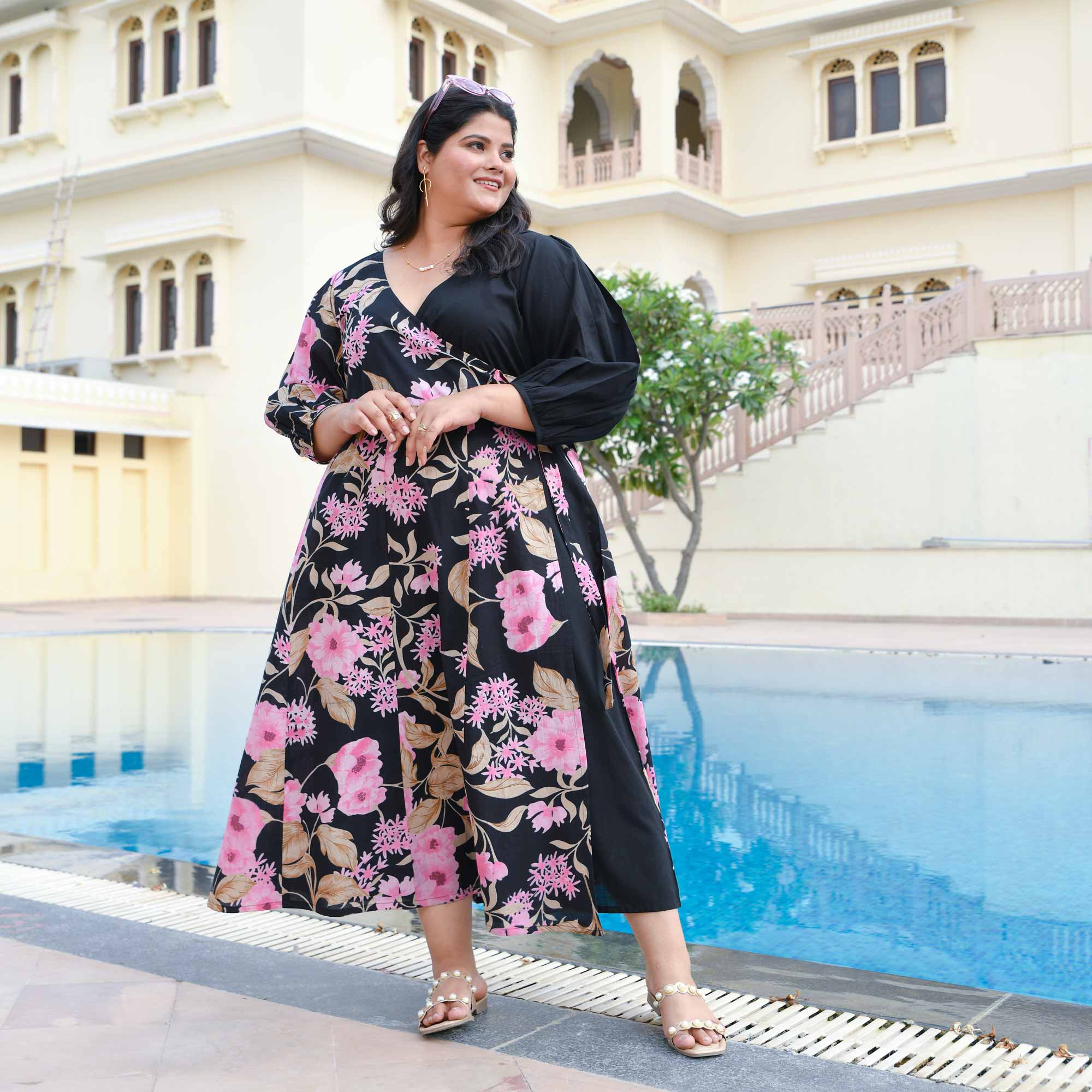 Flamingo & Black Floral Cotton Wrap Dress