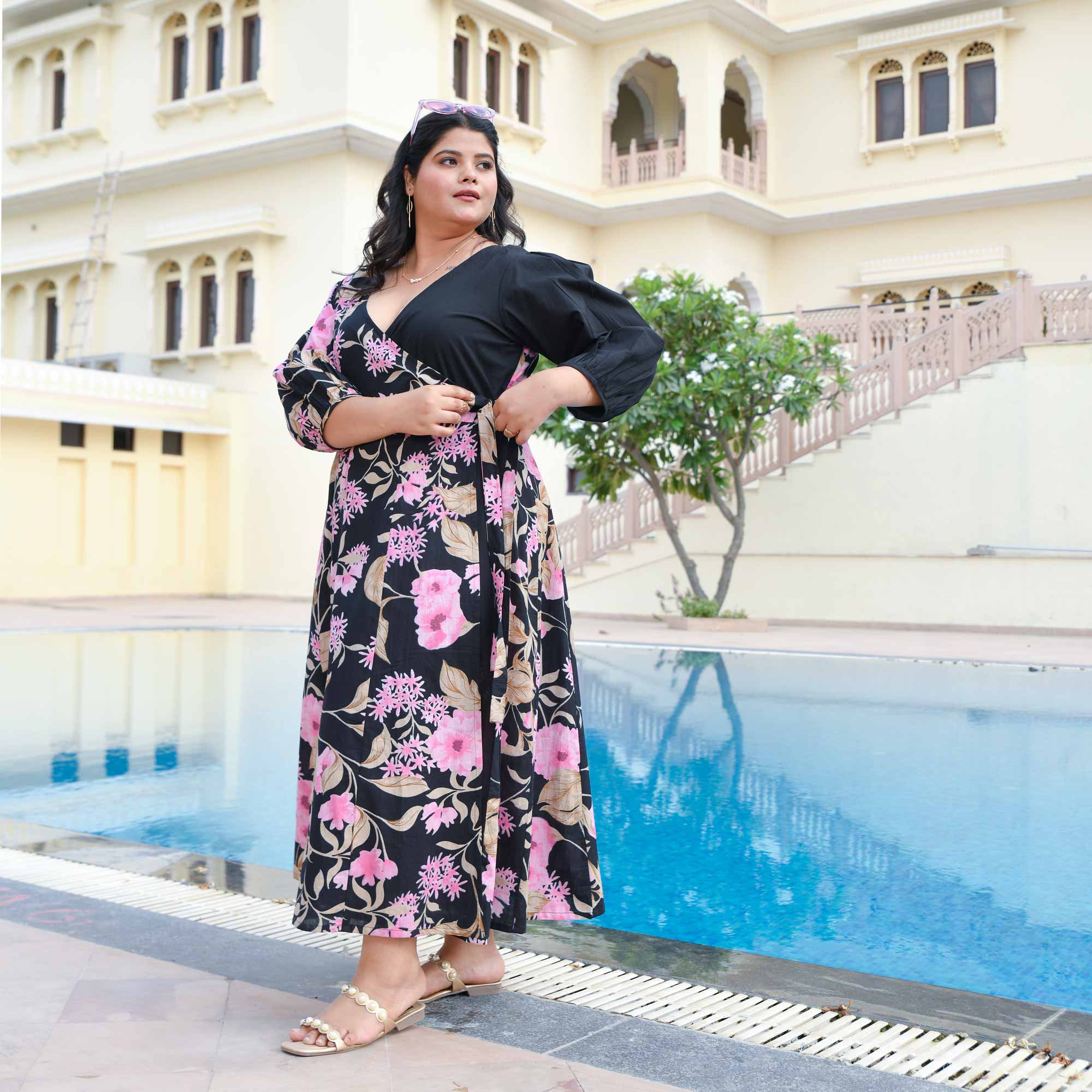 Flamingo & Black Floral Cotton Wrap Dress